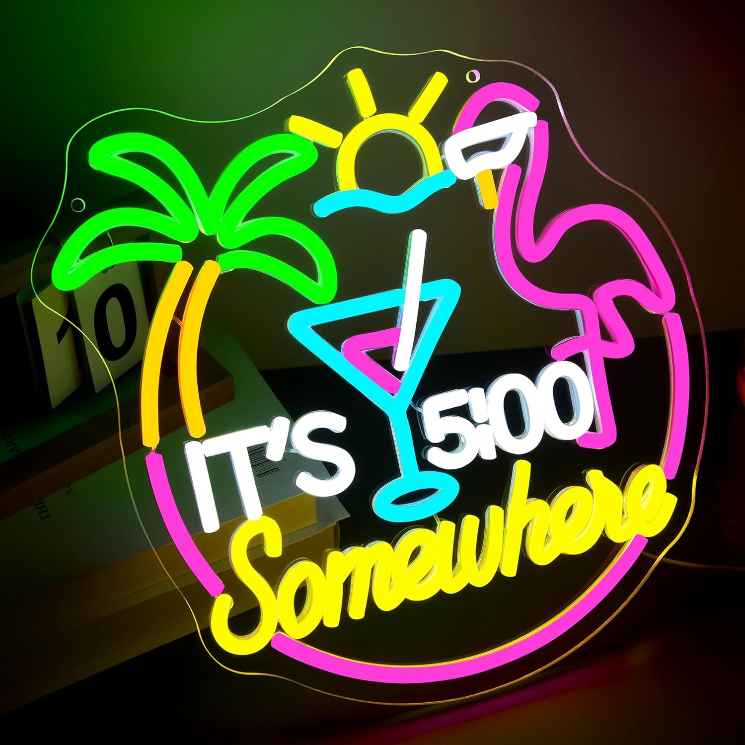 Its 5 O'clock Somewhere Neon Sign for Wall Decor Dimmable Flamingo Cocktail Neon Light for Man Cave LED Tiki Bar Sign for Home Bar Palm Tree Beach Party Gift for Drinking Lover13.1 * 12.9In (WZCP167) - Image 2