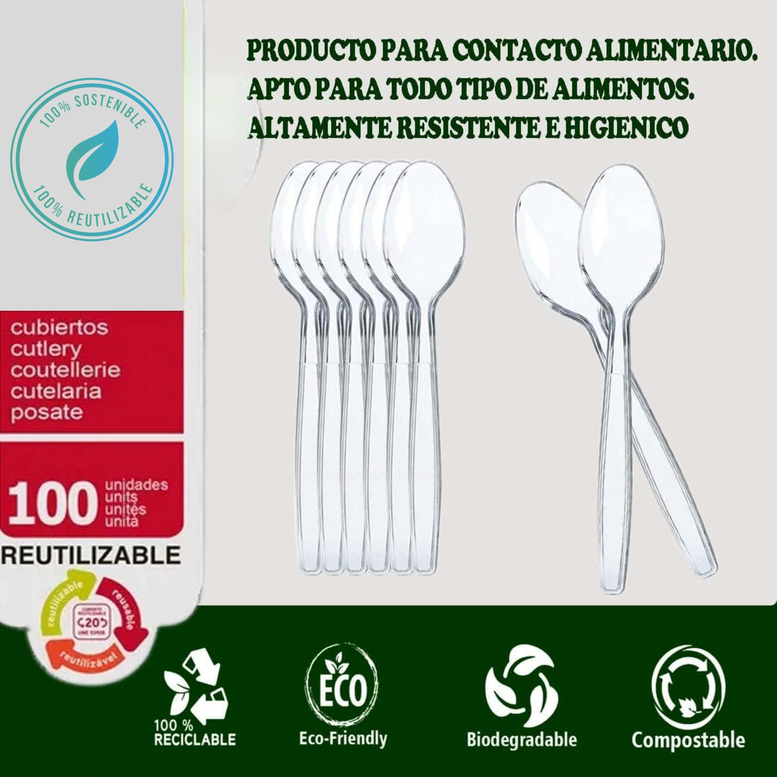 Cucchiai Ecologici In Amido Di Mais - 100 Pezzi Riutilizzabili Da 17 Cm, Senza Plastica - Foto 8