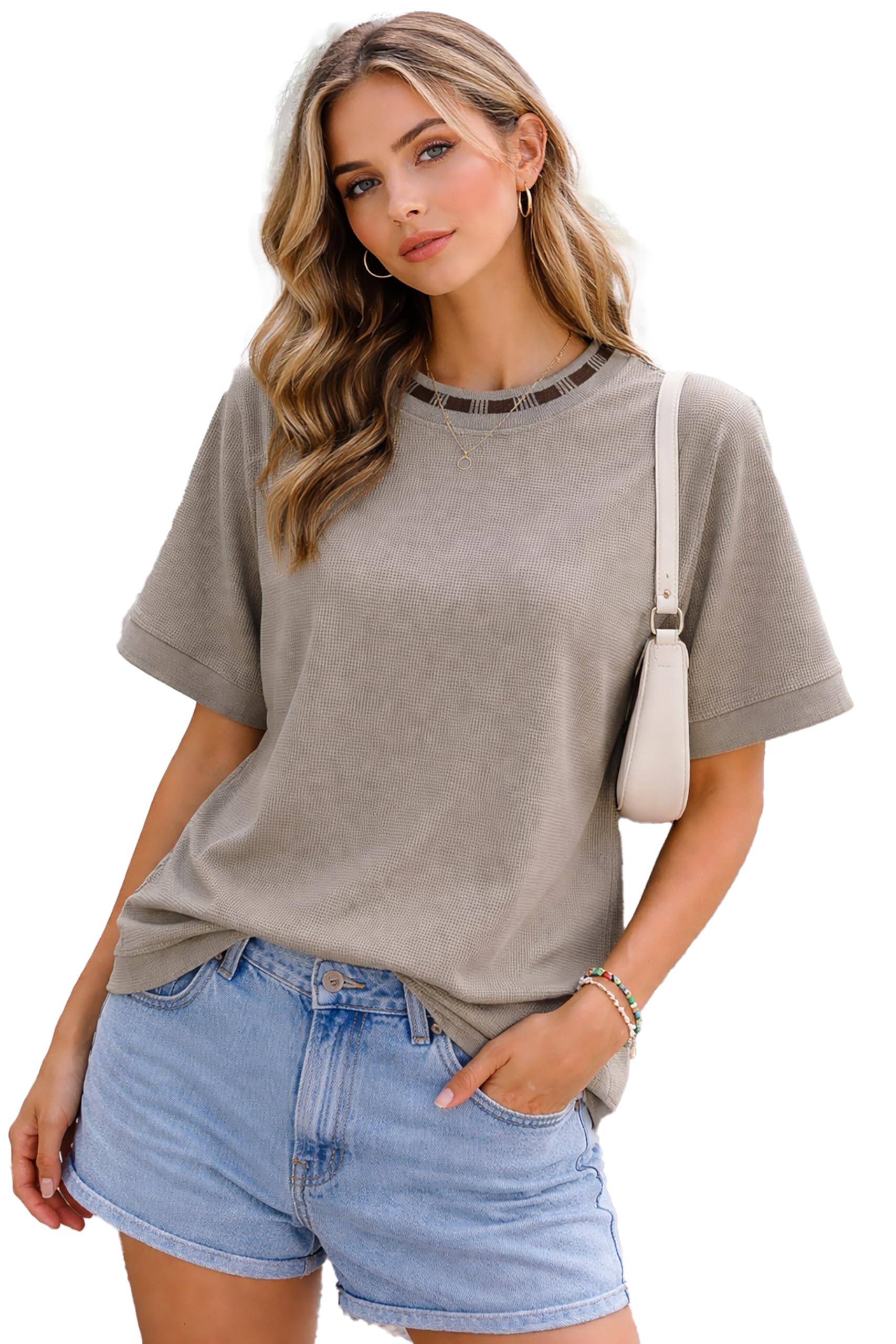 Highlander Womenâ€™s Waffle Texture T-Shirt | Loose Fit Casual Summer Top | Round Neck with Contrast Rib Collar & Sleeve Stripe | Soft Breathable Half Sleeve Tee in neutral