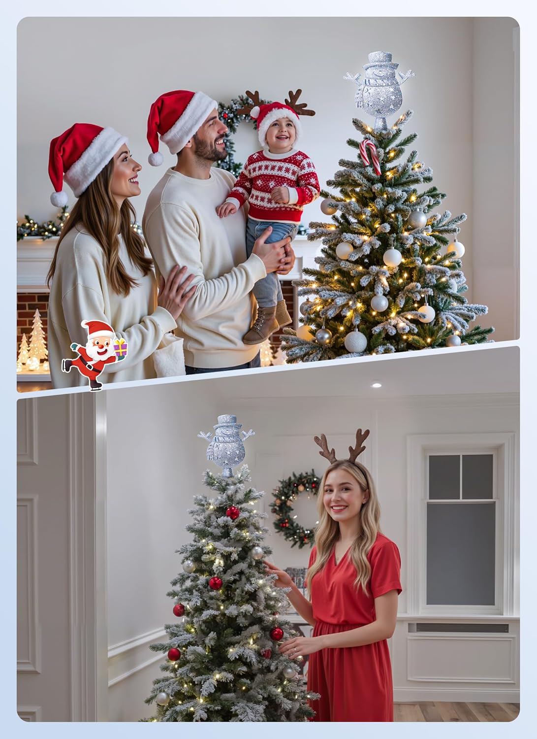 Brightown Christmas Tree Topper with Built-in 3D Glitter Led Snowflake Projector Lights, Silver Snowman Tree Toppers Christmas Decorations Indoor for Xmas New Year Party Holiday