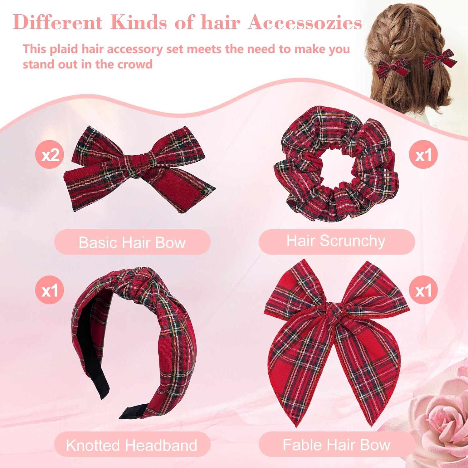 5 Pcs Plaid Headband Set - Padded Scrunchies Bow, Christmas Hair Clips Accessories for Girls (Red) - Image 2