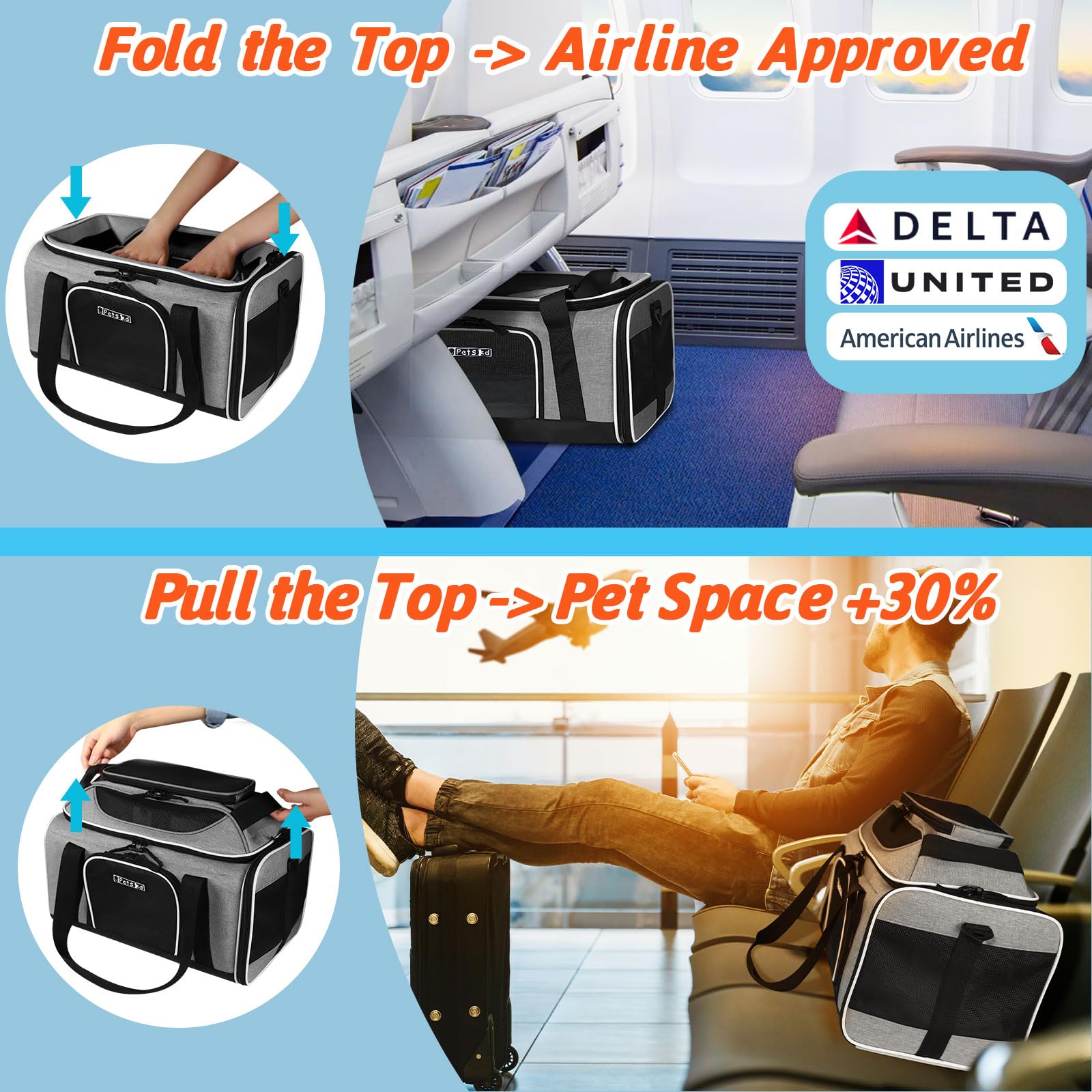 Petskd Top-Expandable Pet Carrier 18x11x11 Inches Delta American United Airline Approved, Soft-Sided Carrier for Small Cats and Dogs with Locking Safety Zippers and Anti-Scratch Mesh(Grey) - image 2