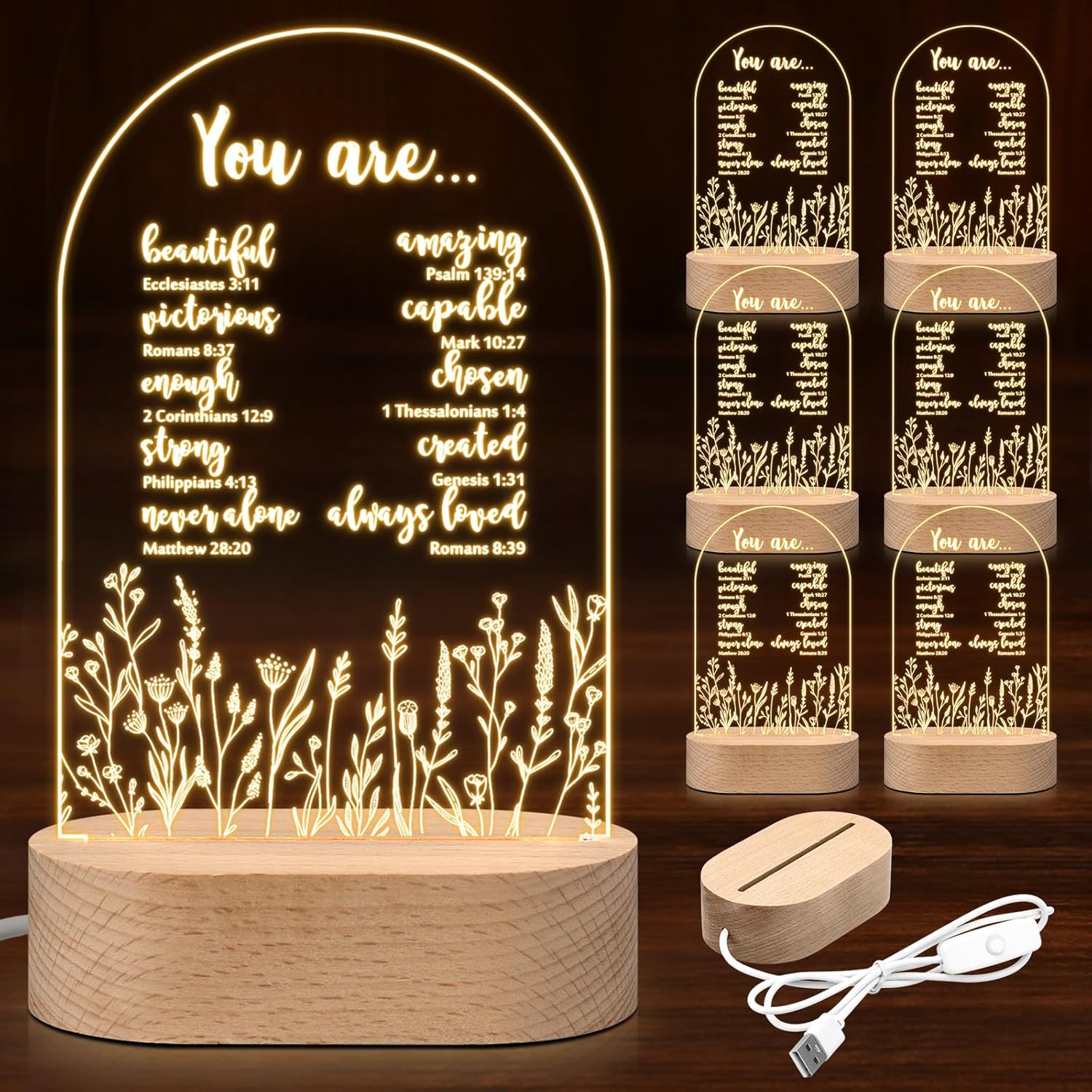 6 Pcs Christian Gifts for Women Mother's Day Inspirational Acrylic Night Light Warm Color Lamp Faith Based Religious Gifts for Women Friend You are Beautiful Bible Verse Keepsake Room Decor
