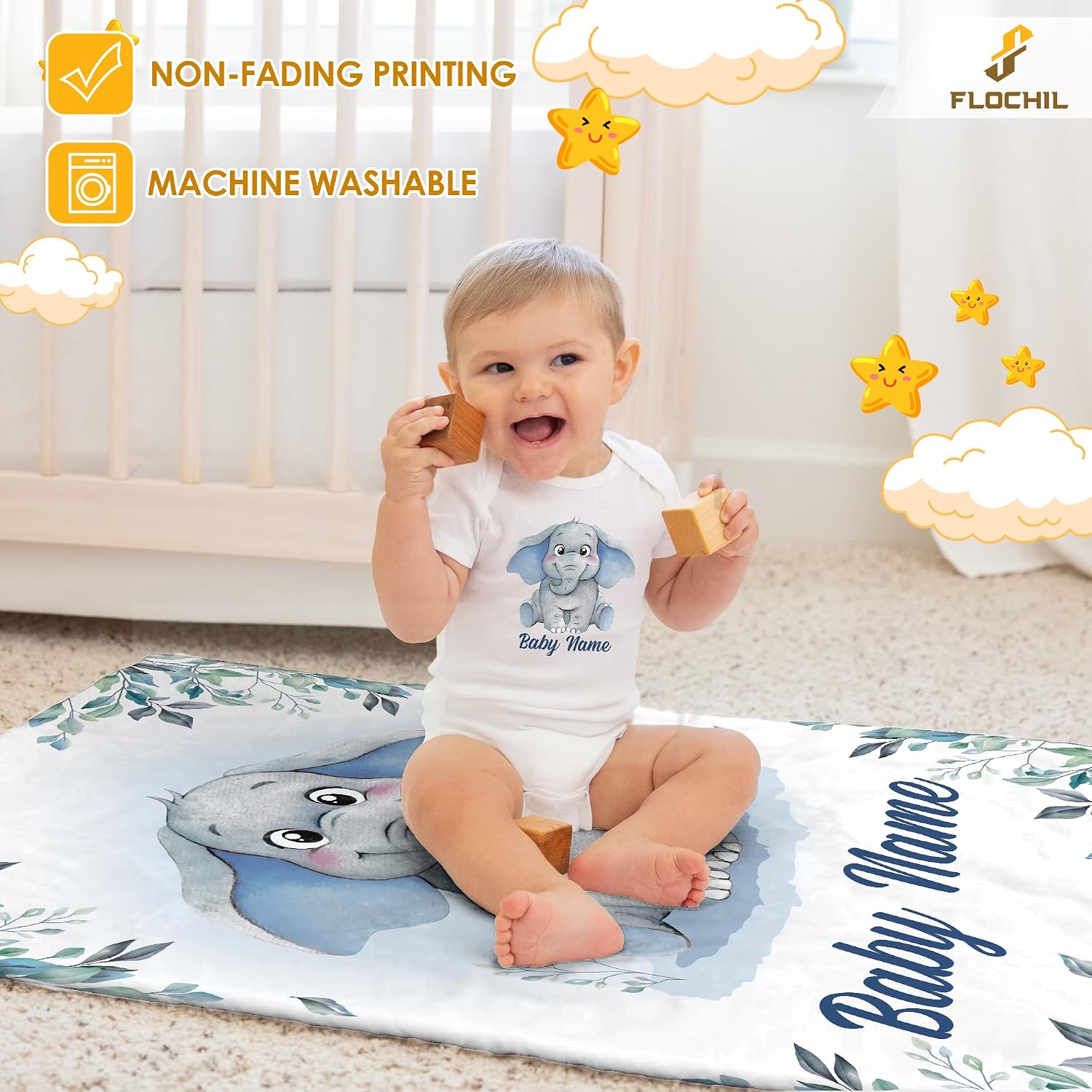 Personalized Baby Blankets, Custom Baby Blanket - Baby Blanket with Name for Boys, Best Gift for Child, Newborn Elephants Flush Fleece (Elephants)