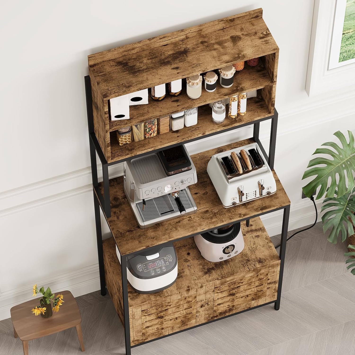 CuisinSmart Baker Rack with Power Outlet, Microwave Stand with Storage, 68" Coffee Bar Station for Pots, Spices & Kitchen Essentials, Industrial Kitchen Storage Shelf Rack, Rustic Brown
