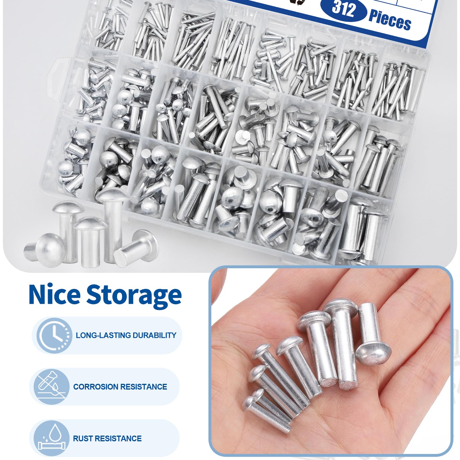 312 Pcs Rivets Assortment - Aluminum Solid Head Rivets -6