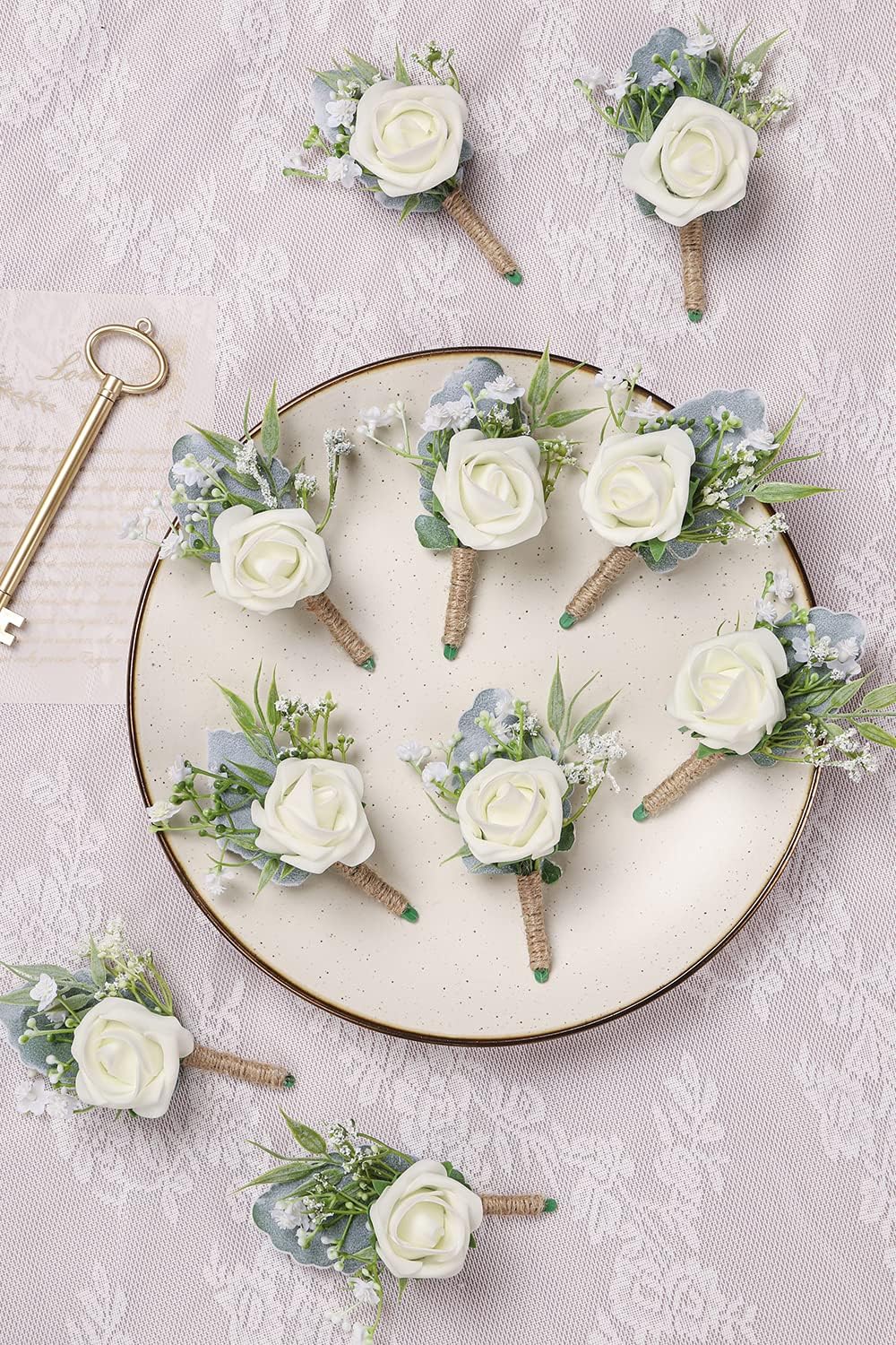Rose Boutonnieres for Men Wedding Groom and Groomsmen White Boutonniere for Rustic Fall Vintage Wedding Prom Set of 10 - Image 2
