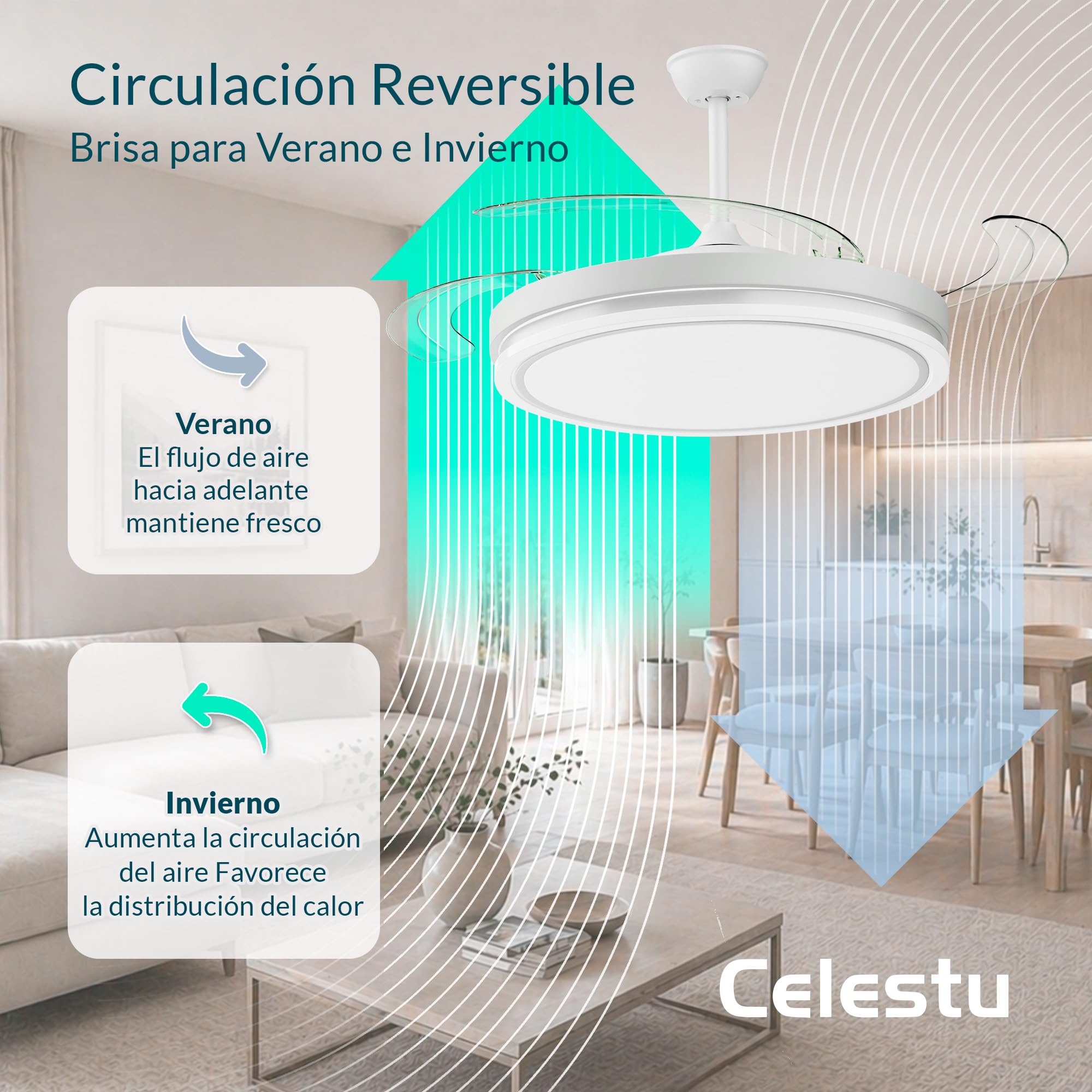 Ventilador de techo con luz led 66W con mando,temporizador, 6 velocidades, aspas retráctiles, 3 temperaturas de luz, CCT Silencioso, Intensidad Regulable (Blanco Brillo)