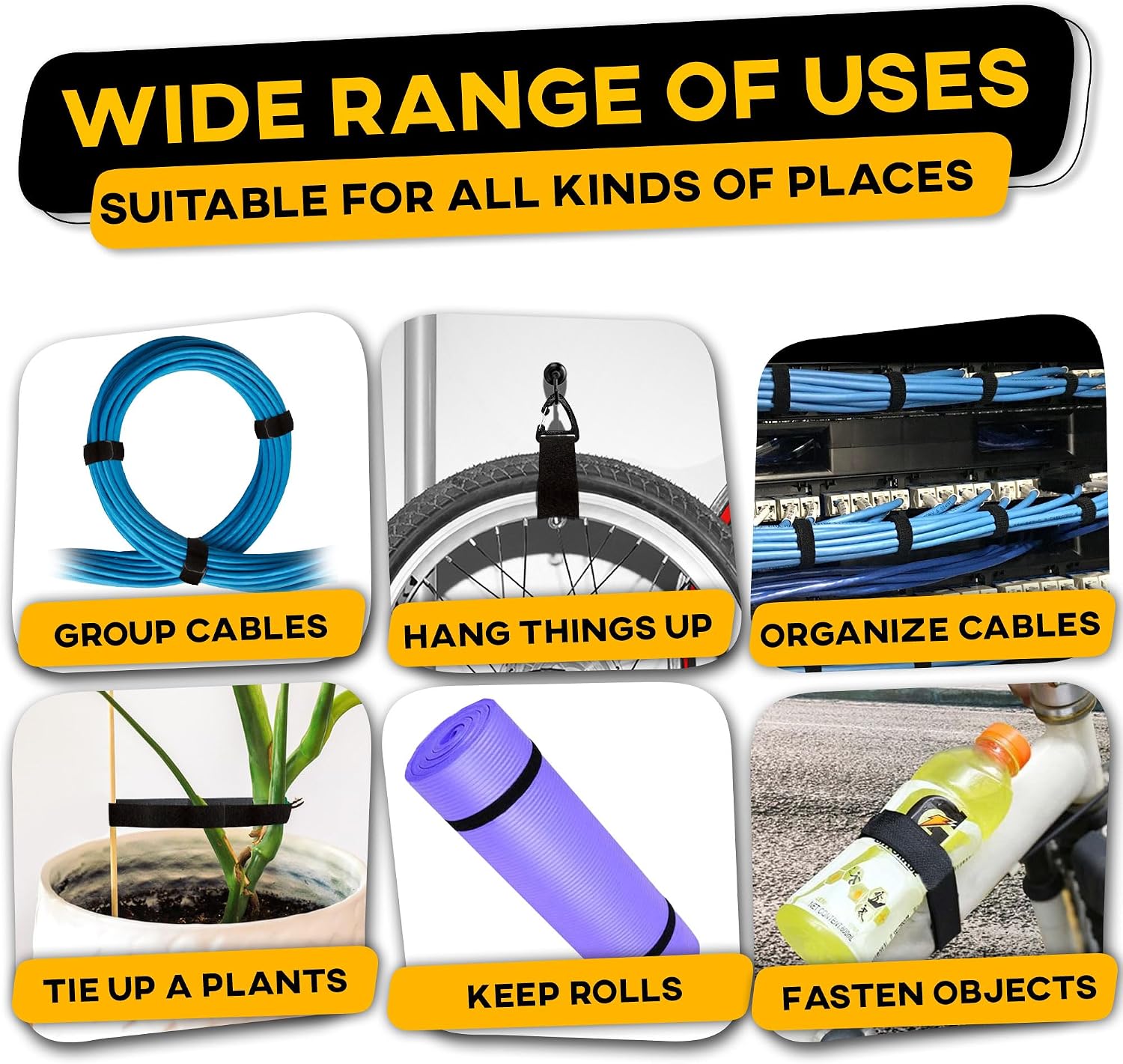 Hook and Loop One Wrap Tape, Fastening Cable Straps with Heavy Duty Strenght, Easy to Cut Roll, Quick Wrap Cable Straps, Bundling Ties Fasten Self Gripping for Storage and Organization (Black)