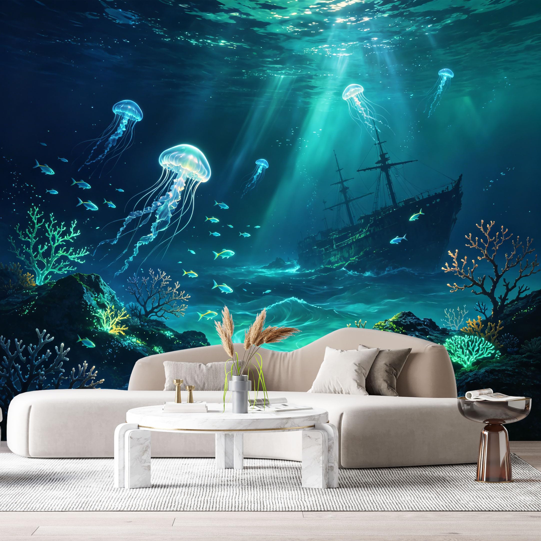 Custom Size Wall Murals Ocean Marine Shipwreck Jellyfish Coral Reef Deep Sea Watercolor SelfAdhesive Wall Fabric Removable Large Wallpaper for Photo Living Room