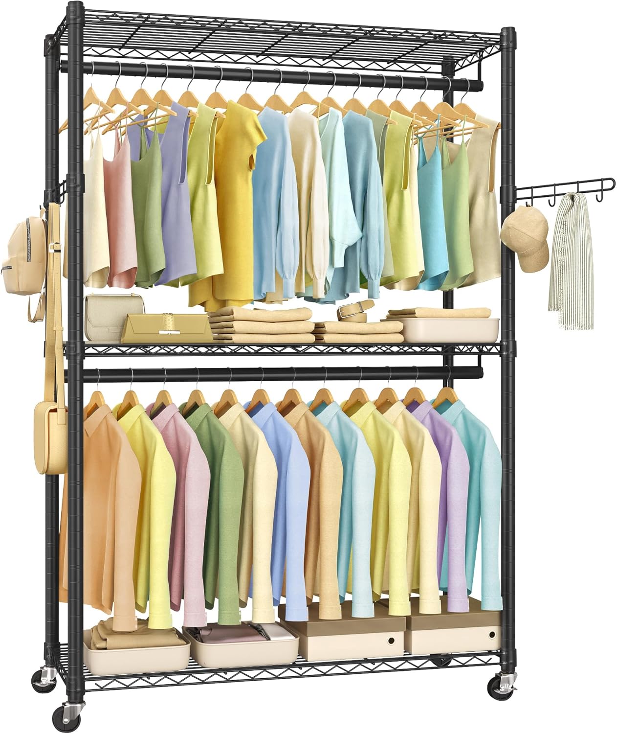 HeavyDuty Rolling Clothes Rack with Adjustable Shelves and Hooks