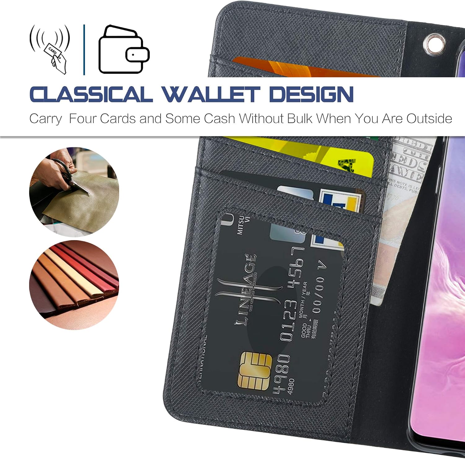 Arae Case Compatible for Samsung Galaxy S10[Not for Samsung Galaxy S10 Plus], PU Leather Wallet case [Stand Feature] with Wrist Strap and [4-Slots] ID&Credit Cards Pockets - Black