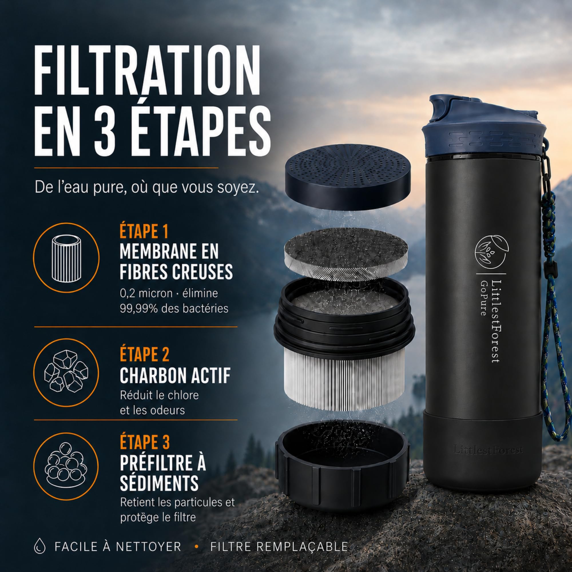 GoPure Gourde Filtrante 800ml 1500L Randonnée Sans BPA