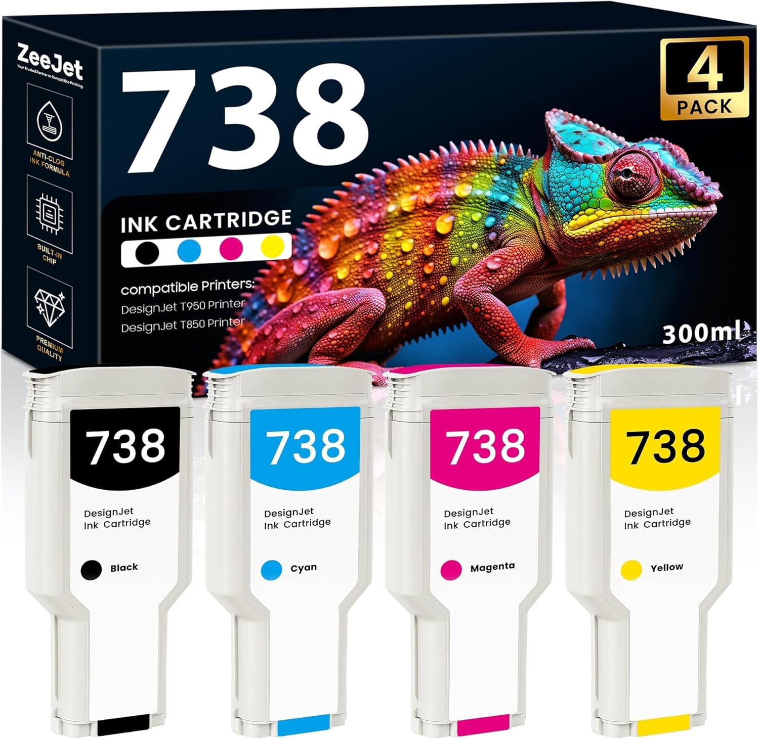 738 Ink Cartridges 300ml Replacement for HP 738 Ink for DesignJet T950 T850 Large Format Plotter Printer Ink 498N8A 676M6A F9J77A 676M8A, 4-Pack DesignJet 738 Ink Cartridges Black Cyan Magenta Yellow