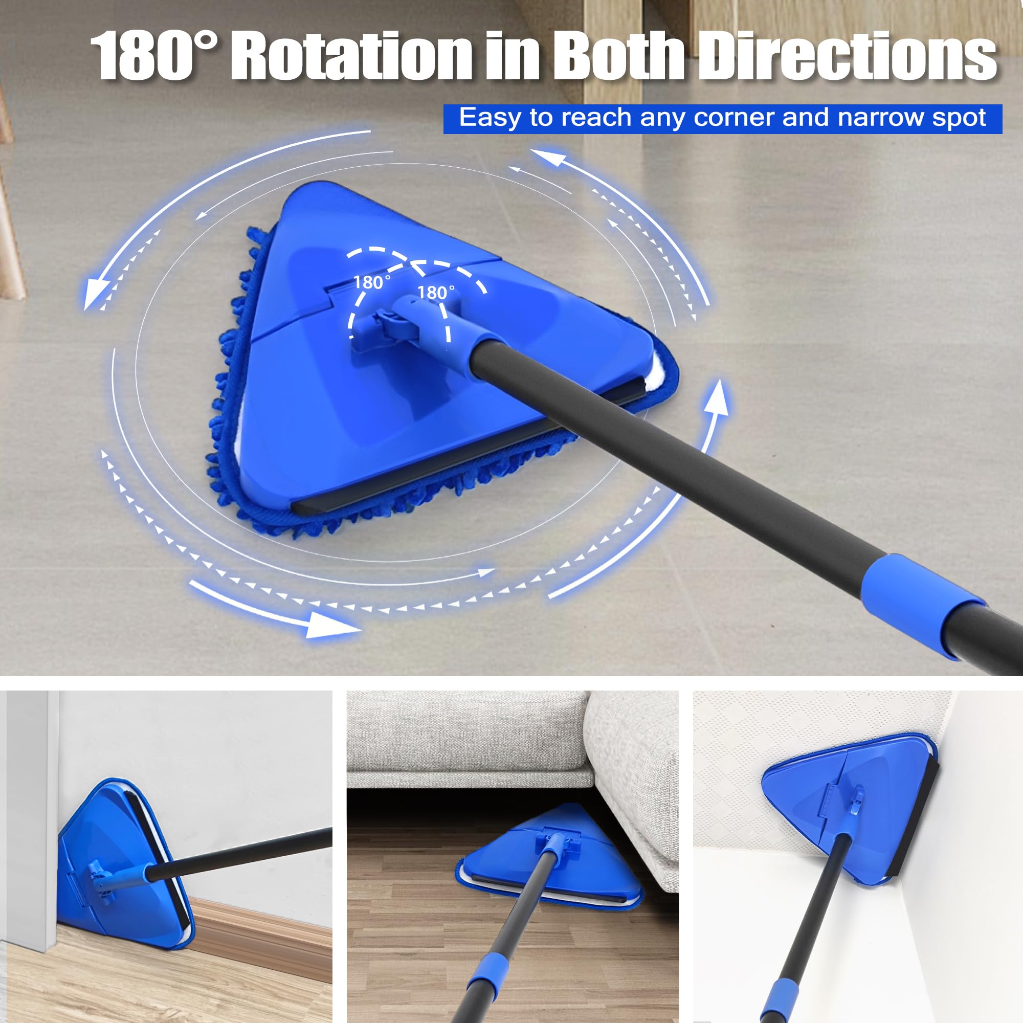 Limpiador de fregona de pared con mango largo de 80 pulgadas, plegable de 180°, limpiador y escobilla de goma, herramienta de limpieza triangular para zócalos con 6 almohadillas de microfibra