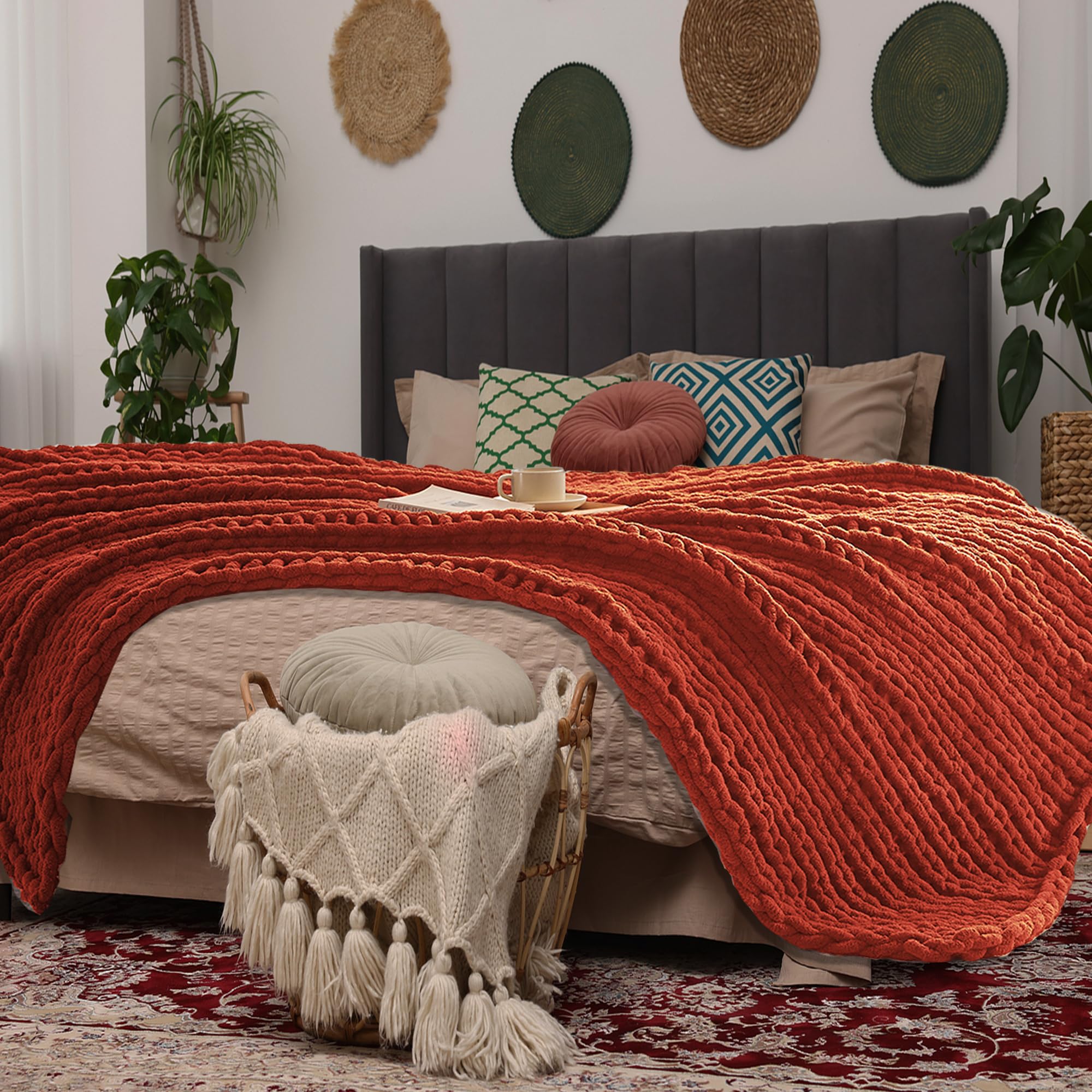 Bigacogo Grobstrickdecke Aus Chenille – Handgestrickt, 102x152 Cm, Weicher Überwurf Für Sofa & Bett, In Blaugrün