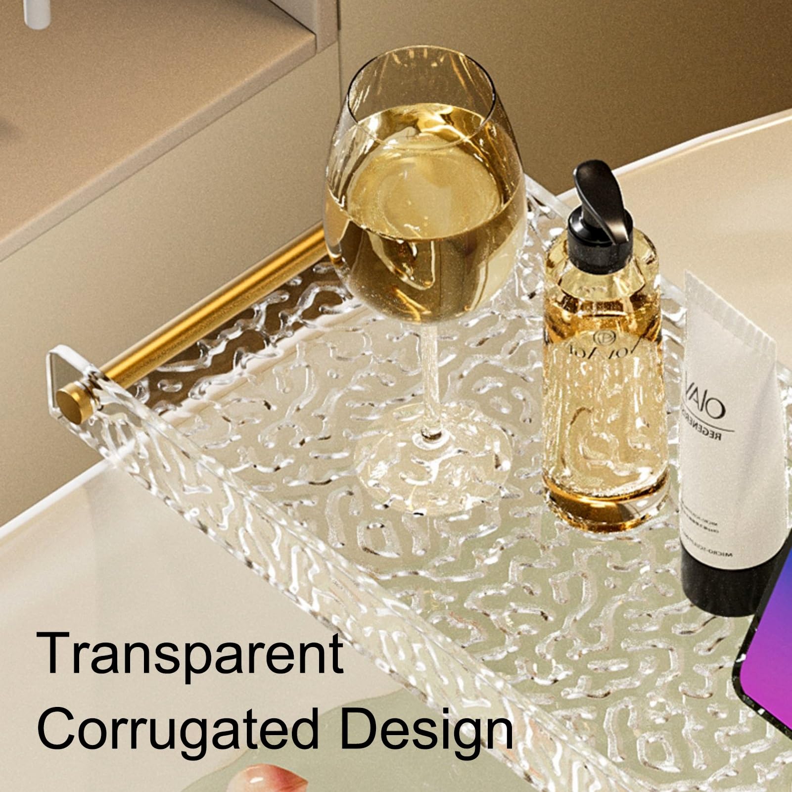 Bandejas para bañera,(es:Bandejas para bañera Transparentes con asa Dorada, bandejas para Ducha con Efecto Corrugado, Bandeja de acrílico, Soporte de Almacenamiento para bañera de 70/80/90