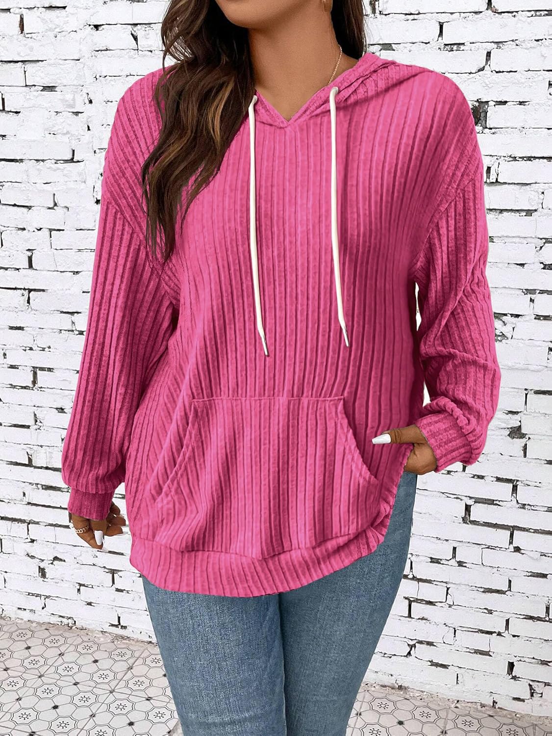 Womens Plus Size Drawstring Long Sleeve Lightweight Hoodies Pocket Front Casual Sweatshirt Tops - Image 4
