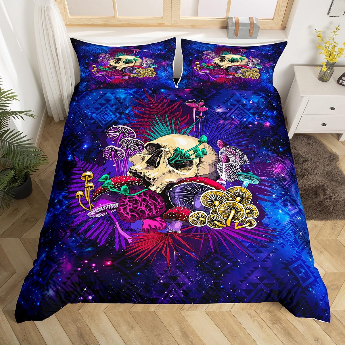 Gothic Skull Duvet Cover Set Super King Size, Colorful Mushroom Comforter Cover with 2 Pillowcases, Tropical Leaves Bedding Set 3pcs for Kids Boy Girls Bedroom Decor Blue Starry Sky Bedspread Cover