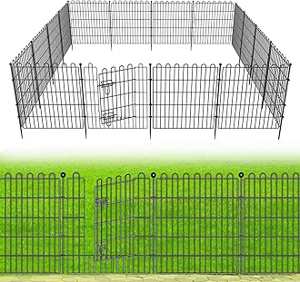 10 Panels No Dig Decorative Garden Fence with Gate for Yard, 24 in(H) X 20 ft(L) Animal Barrier Fencing for Outdoor Dog, Metal Portable Garden Fences for Borders, Pets, Landscape, Temporary Fence