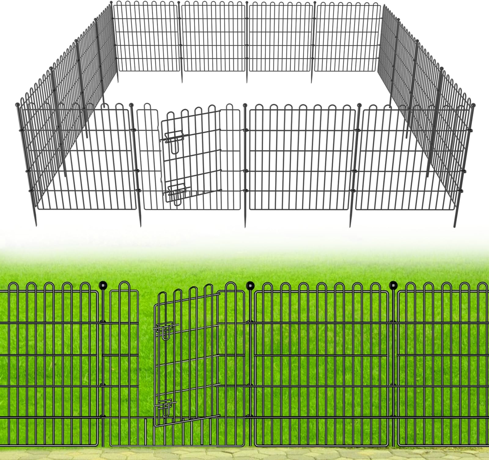 10 Panels No Dig Decorative Garden Fence with Gate for Yard, 24 in(H) X 20 ft(L) Animal Barrier Fencing for Outdoor Dog, Metal Portable Garden Fences for Borders, Pets, Landscape, Temporary Fence
