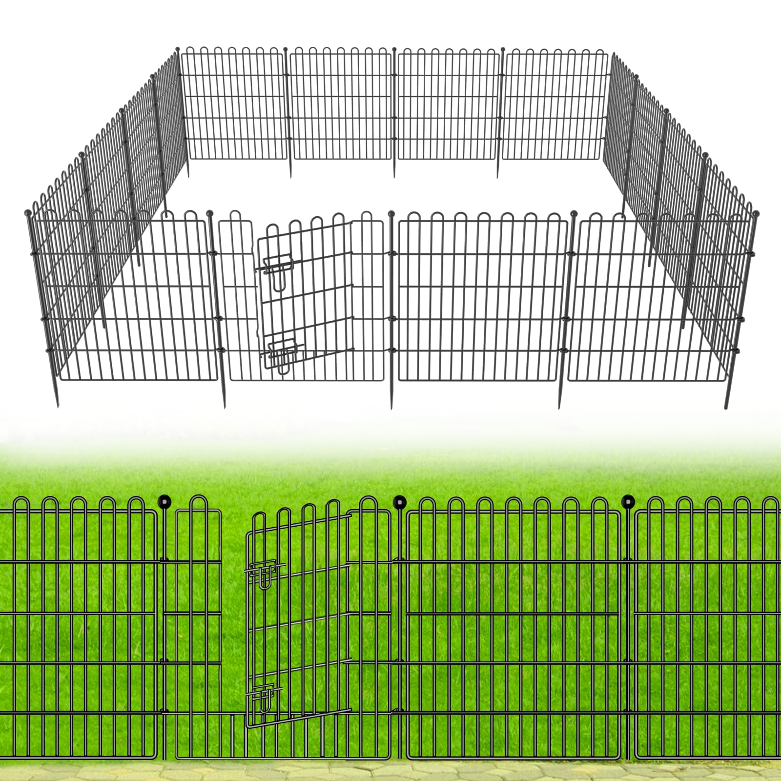 10 Panels No Dig Decorative Garden Fence with Gate for Yard, 24 in(H) X 20 ft(L) Animal Barrier Fencing for Outdoor Dog, Metal Portable Garden Fences for Borders, Pets, Landscape, Temporary Fence
