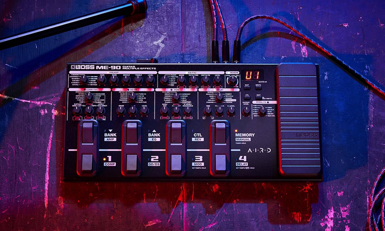 Boss ME-90 Guitar Multiple Effects Bundle with Gearlux Power Supply, Instrument Cable, Patch Cable, and Picks