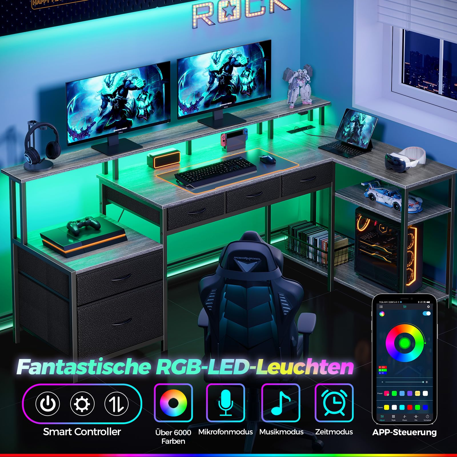 Rolanstar Schreibtisch L Form mit Schubladen, reversibler Gaming Tisch mit Steckdose, LED & Monitorständer 163 cm Computertisch für Büro Arbeitszimmer Schlafzimmer, grau