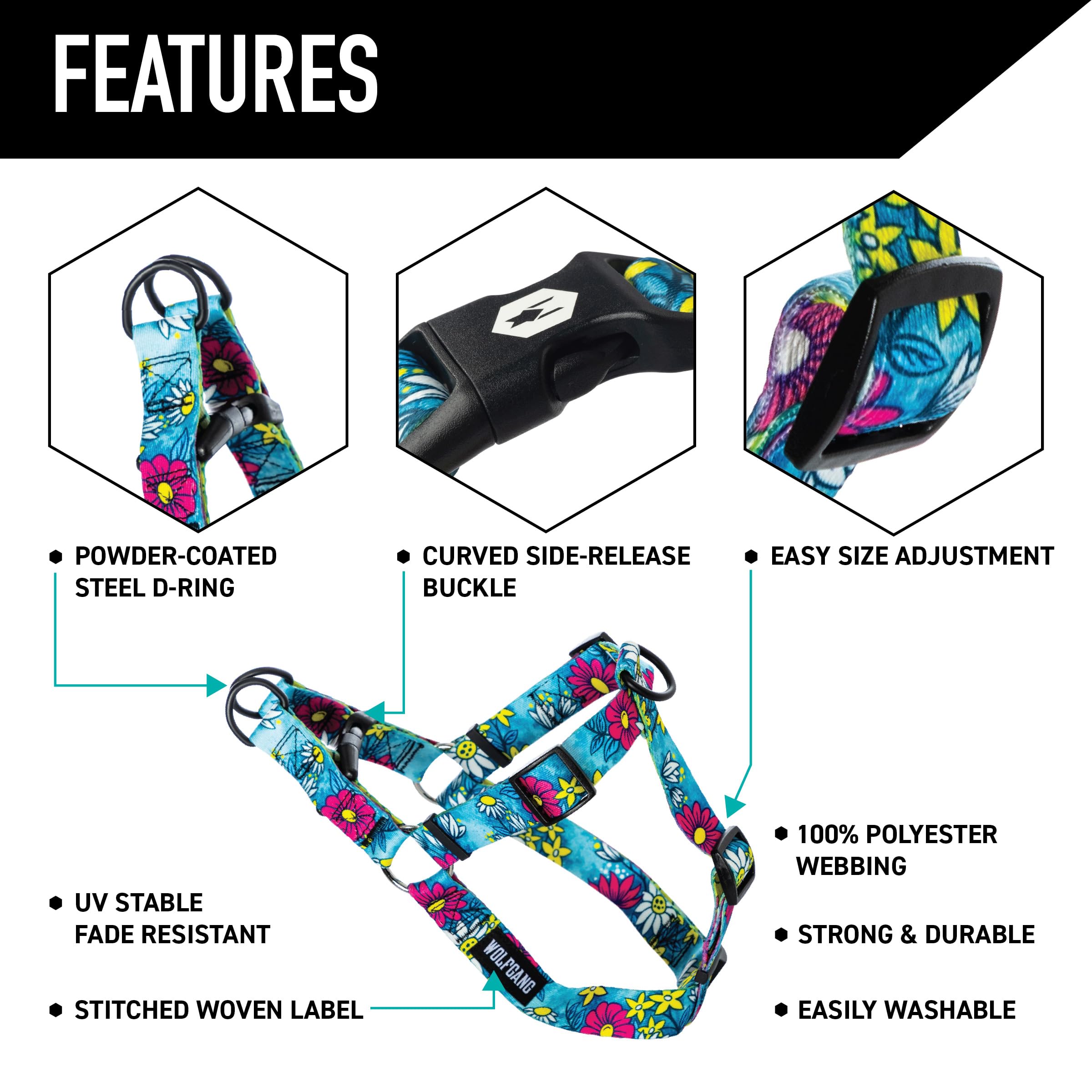 Wolfgang - Arnés Ajustable para Perro, Resistente y Probado a más de 800 Libras, para Caminar y Entrenar, Estampado LazyDaisy, Talla M