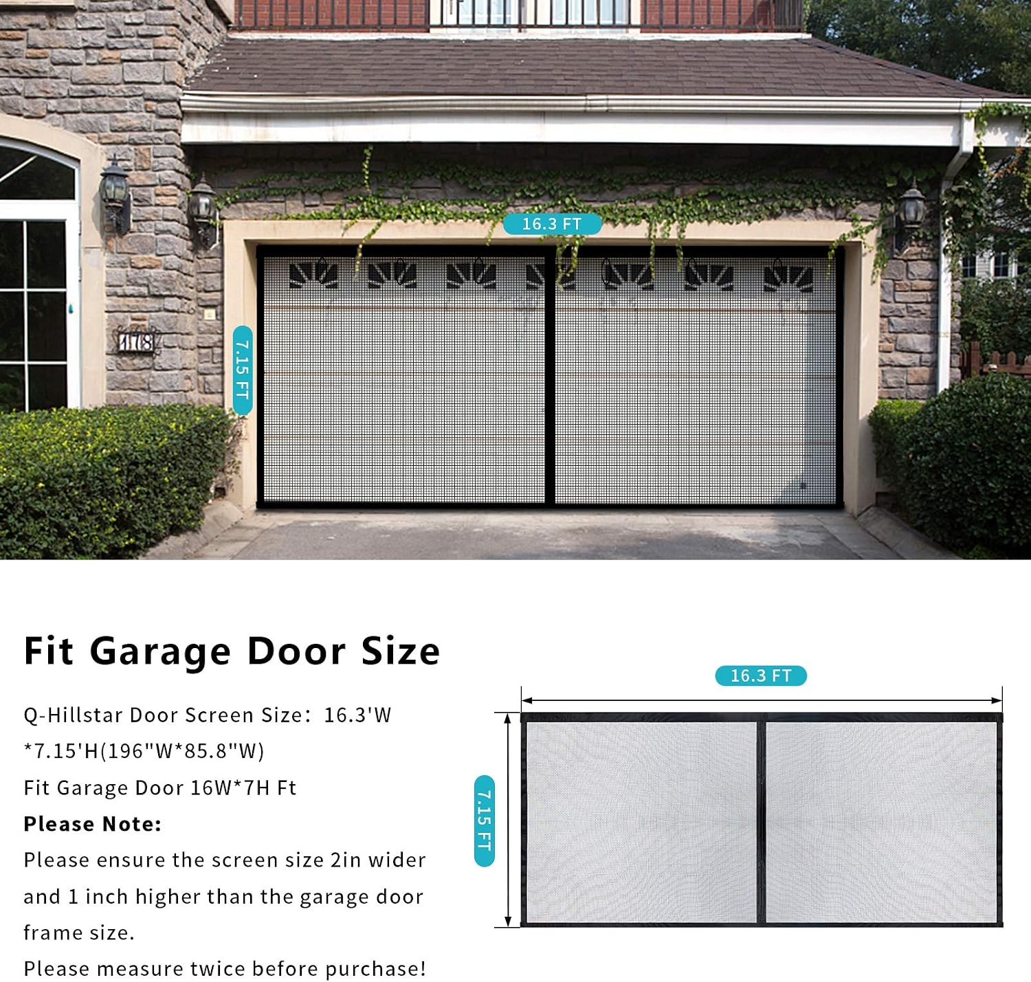 Garage Door Screen for 2 Car 16x7FT, Heavy Duty Garage Screen Mesh with Magnets, Retractable Hands Free Garage Net Screen,Magnetic Double Car Garage Screen with 6 Strapping Tapes