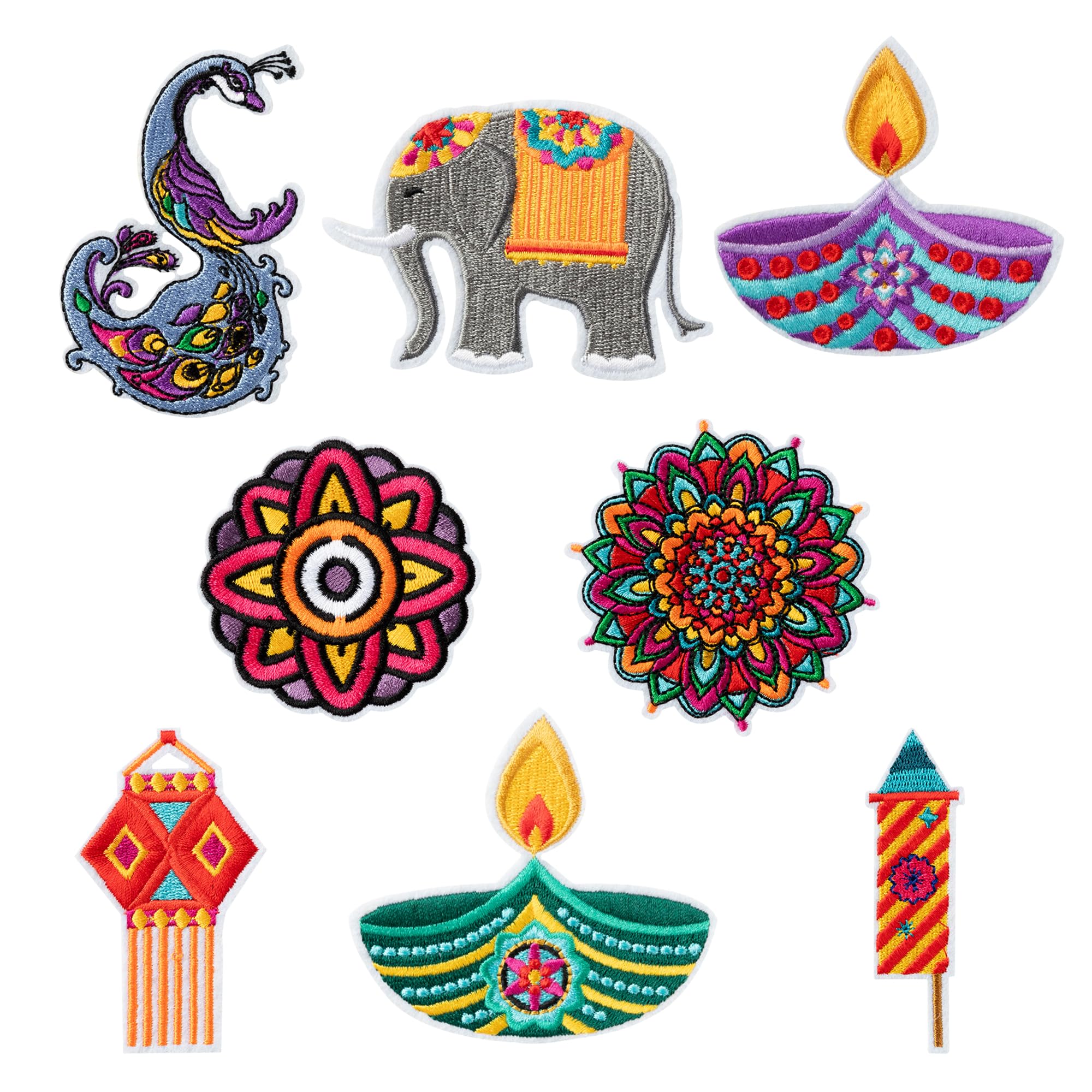 8Pcs Happy Diwali Embroidered Patches Colorful RangoliLights Diya Candle Sew on/Iron on Repair Embroidery Applique DIY Crafts Accessories Gifts for Festival Clothing Backpack Hat ShoesHoliday)