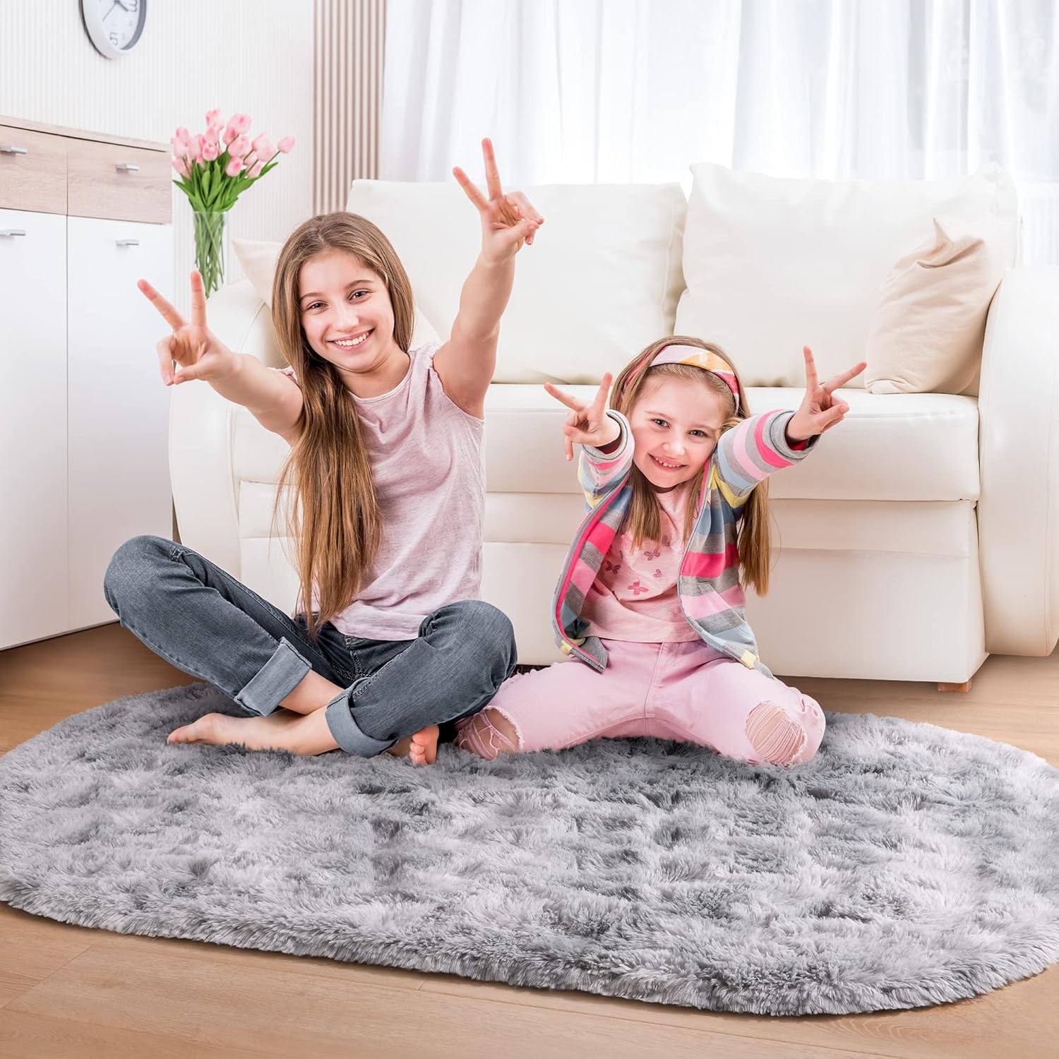 junovo Fluffy Tie-Dye Light Grey Oval Rug and Oval Grey Fluffy Ultra Soft Area Rugs for Bedroom Kids Room Girls Room Teen Dorm Baby Nursery Home Decor 2.6 x 5.3ft
