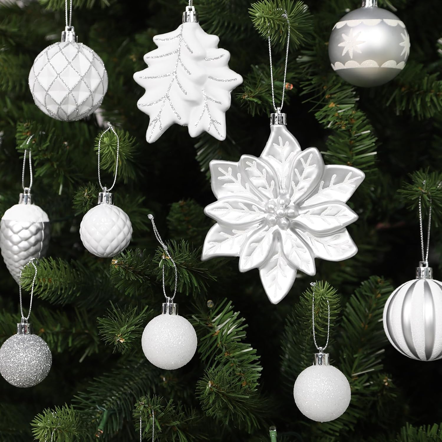 SHareconn 106PCS Christmas Balls Ornaments Set, Colorful Shatterproof Plastic Decorative Baubles for Xmas Tree Decor Holiday Wedding Party Decoration with Hanging Hooks, White &Silver