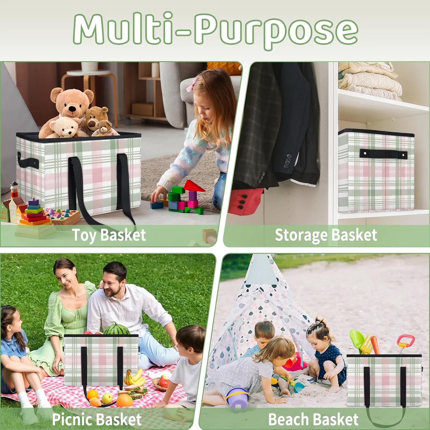 Fashionable Plaid Reusable Grocery Bags Foldable Shopping Bags Storage Bins Basket Large Grocery Tote Bag Foldable Shopping Bag with Reinforced Bottom & Handles for Clothes Shoes Picnic, 3pcs