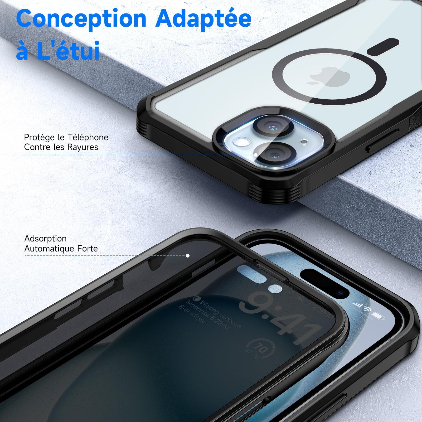 HQSELECTION® Coque Magnétique Compatible Avec MagSafe Pour Iphone 15 Pro Max 6 7 Pouces 2 Vitre Verres Trempes Transparent