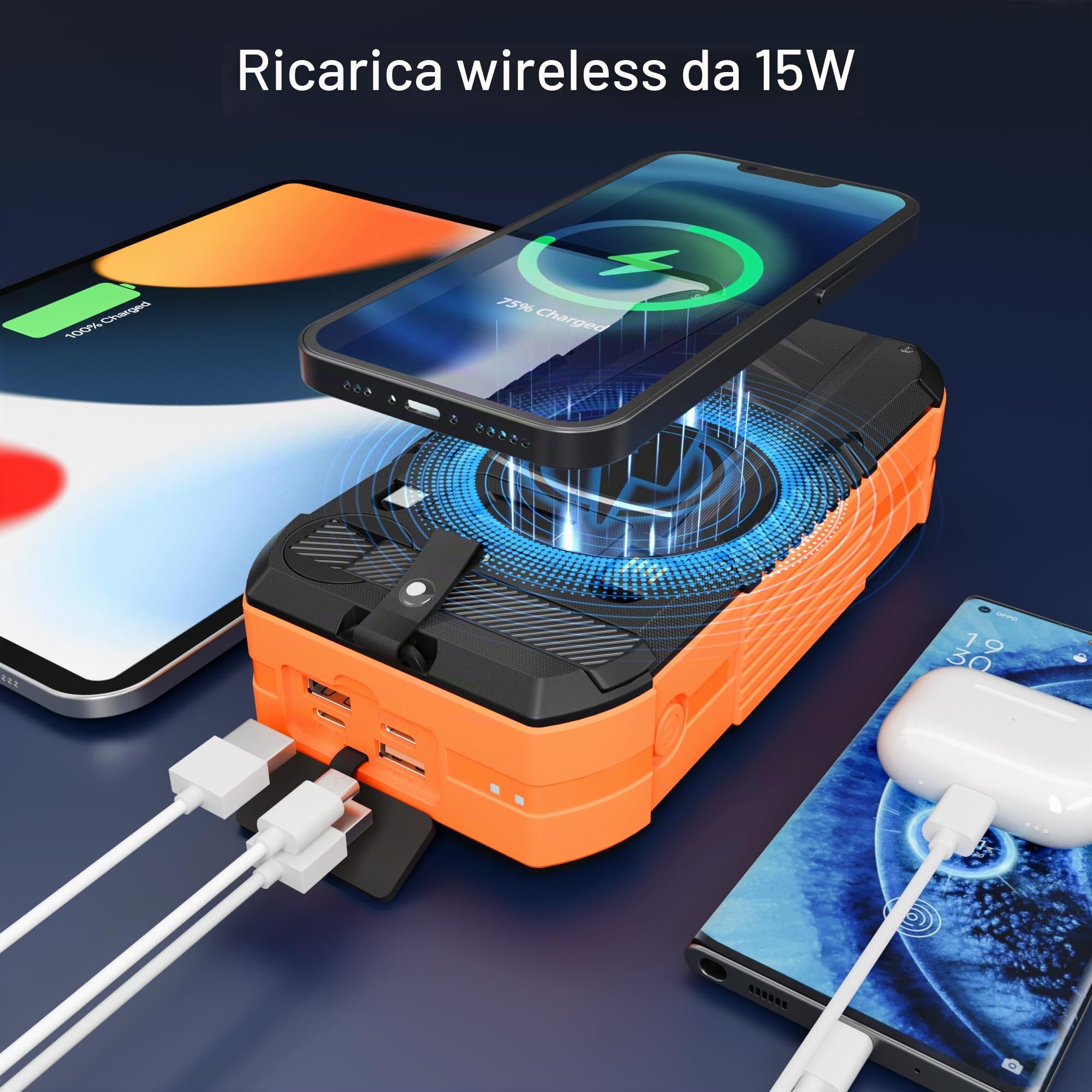 70000mAh Power Bank Solare con Ricarica Wireless 30W PD Batteria Esterna Portatile con 6 Uscite,Torcia LED Bussola e Manovella di emergenza,Ideale per Campeggio e Attività Outdoor
