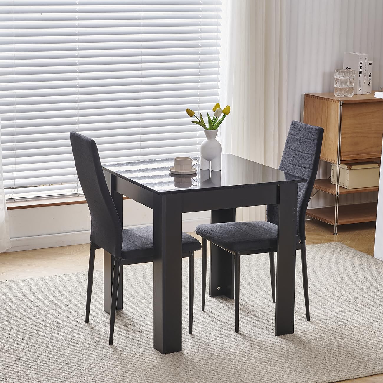 NICEME 75x75cm Square Dining Table and Chairs Set, Small Dining Room Set High Gloss Dining Table with Chairs Home Furniture (Black Linen, Black Table with 2 Chairs), SSZZ-2023 โ image 1