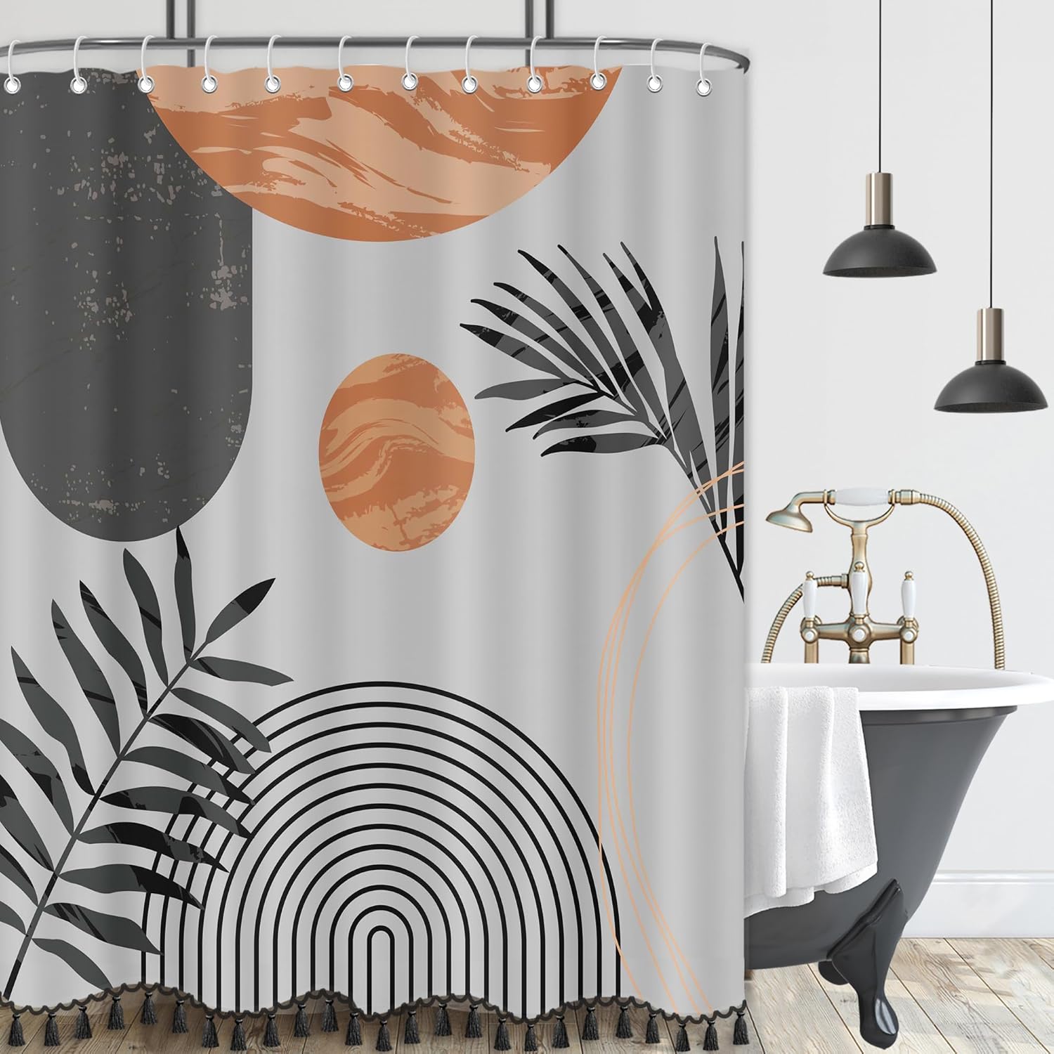 Boho Mid Century Leaf Shower Curtain Set,Arch Sun Design,Minimalistic Leaves Pattern,Waterproof and Luxurious Fabric-12 Hooks(Grey-72" x 72")