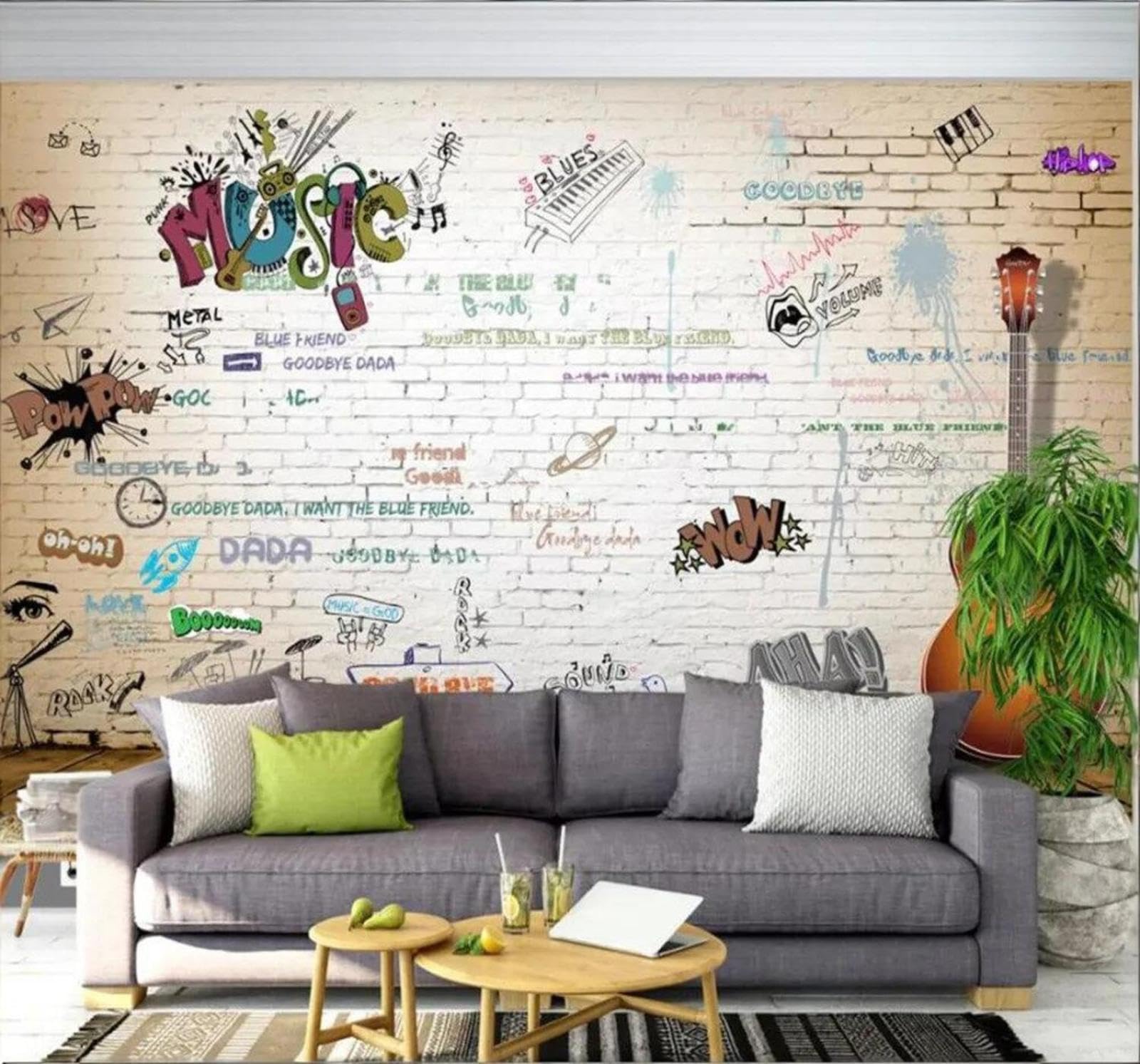 Tzxztt 300Cm×210Cm(B×H) Brick Wall Street Art Graffiti Musical Instruments Music Modern 3D Wallpaper Premium Textured Silk Neutral Tones Material Ideal For Living Room Bedroom-300Cm×210Cm