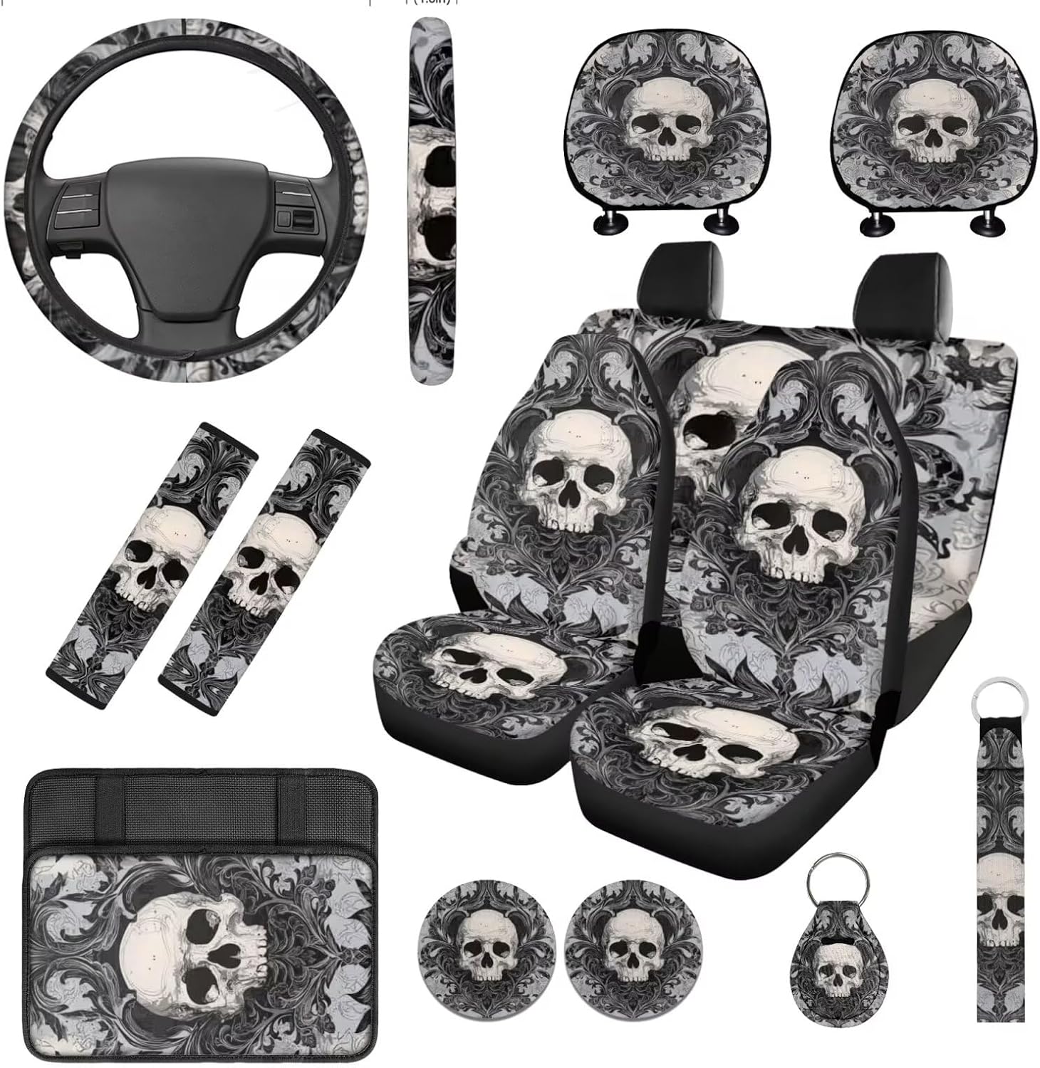 Gothic Skull Car Seat Covers Set with Steering Wheel Cover Auto Seat Belt Covers Cup Holder Pads Keychain Skull Automotive Protector Set Unverisal Fit Cars SUV Van Sedan 14 Pcs, Black