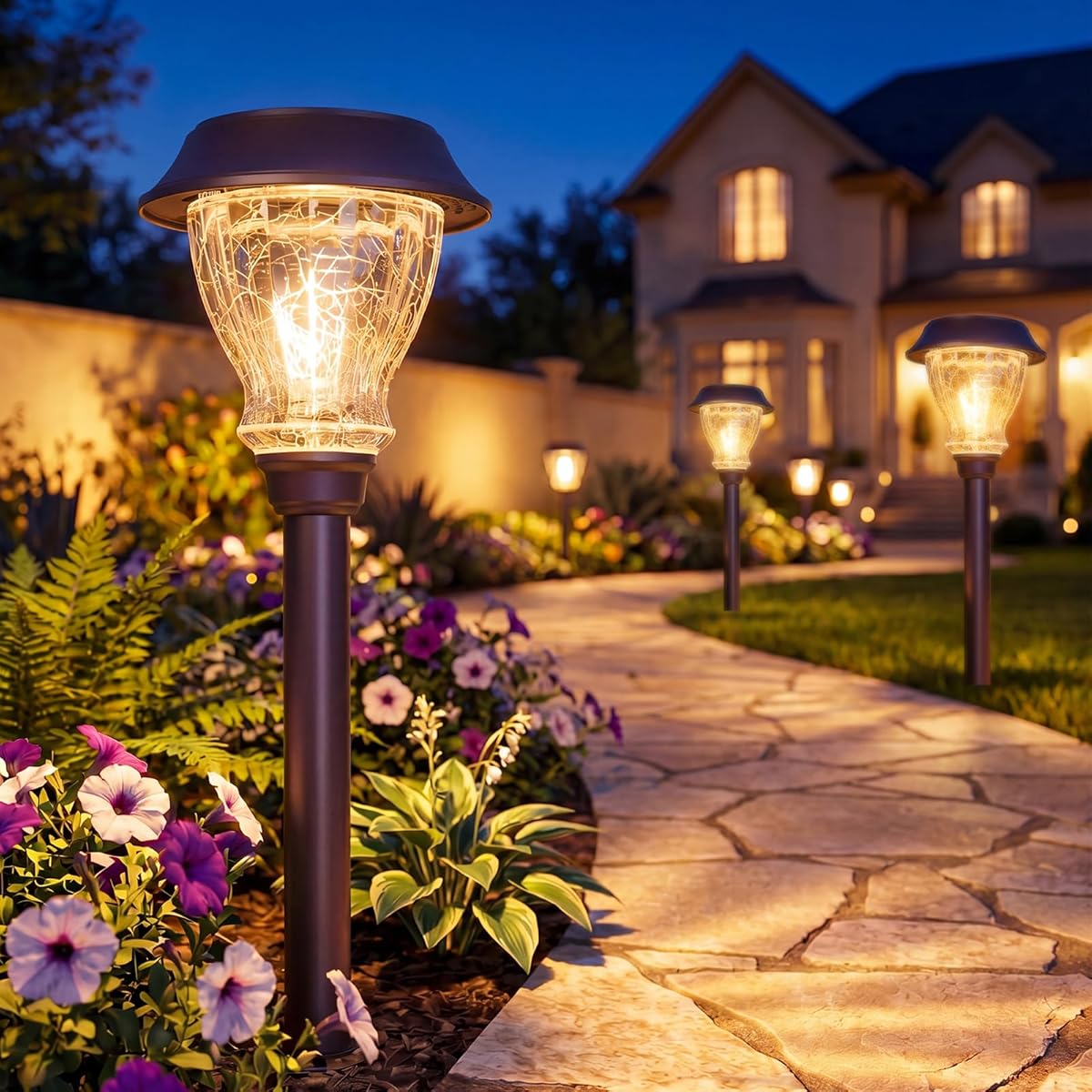 XMCOSY+ Solar Pathway Lights Outdoor, 8 Pack Decorative Crackled Glass Garden Lights, Soft Warm White Glow, Auto On/Off Waterproof Landscape Lighting for Yard Walkway Patio