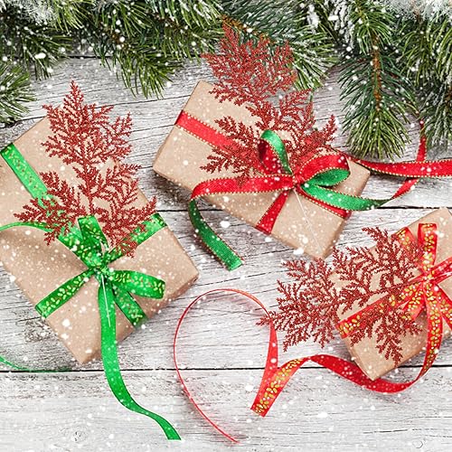 Miniatura 11 de FOIMAS 24 agujas de pino artificiales con purpurina, ramas florales de Navidad, ramas falsas de ramitas florales, aerosoles para coronas de árbol