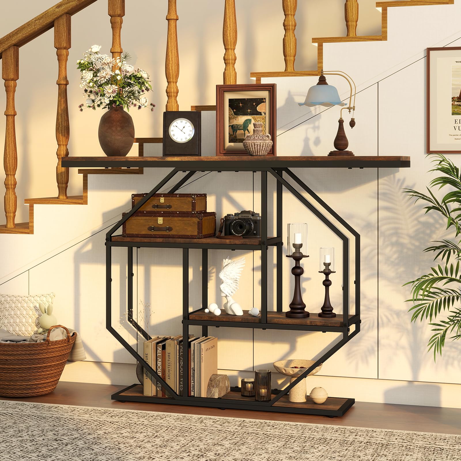 YU YUSING Consola Entrada Estilo Industrial, Mueble Recibidor Estrecho | 105 x 30 x 85 cm, con 4 niveles, Mesa Auxiliar Sofa con Patas Ajustables, Estructura Metálica Octogonal Estable, Marrón