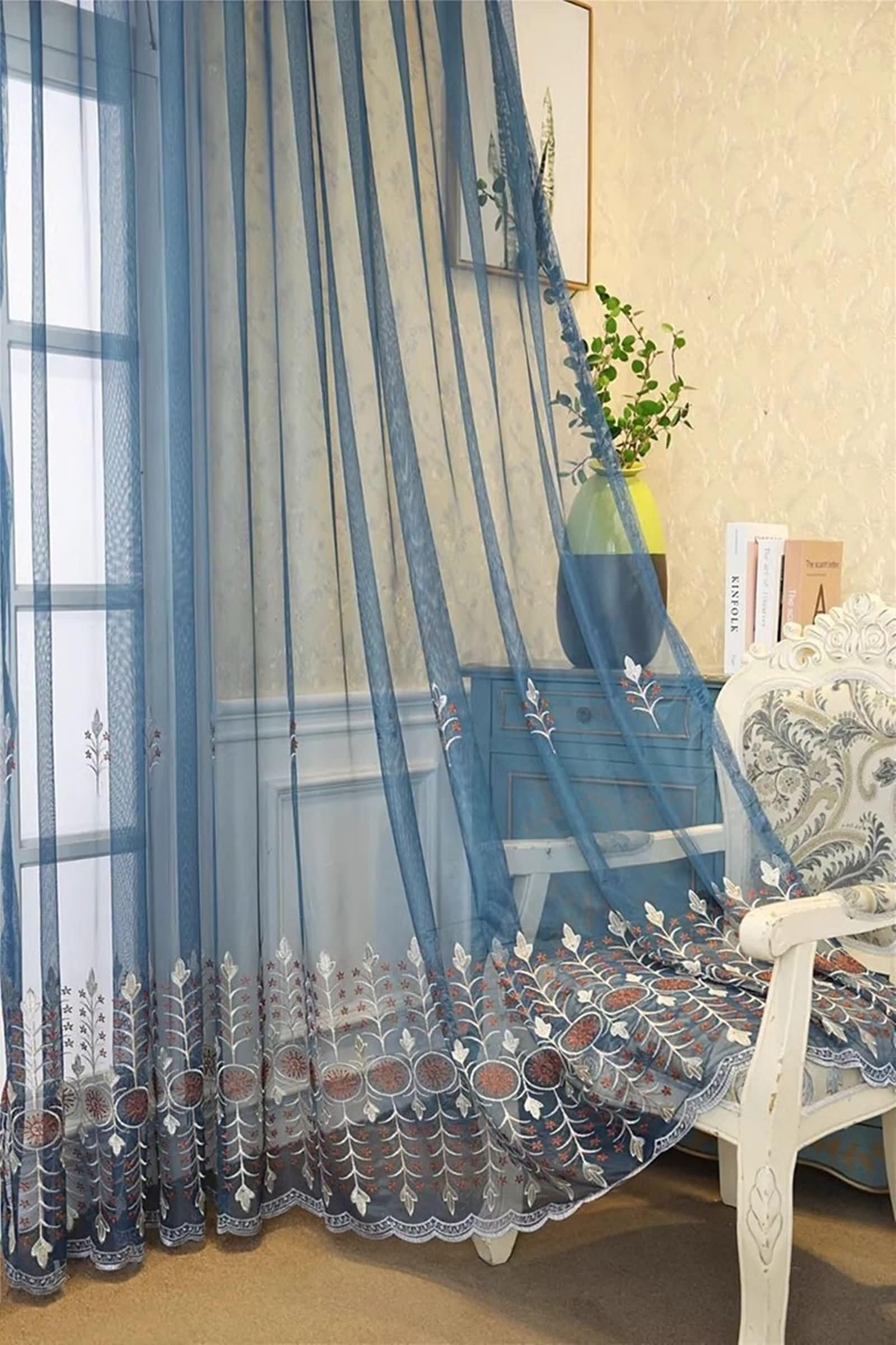 Rideau de Cuisine Long Vintage, Rideaux d'Extérieur Transparent Bleu Motif de Broderie en Dentelle Polyester 2 Panneaux 107W x 214L cm