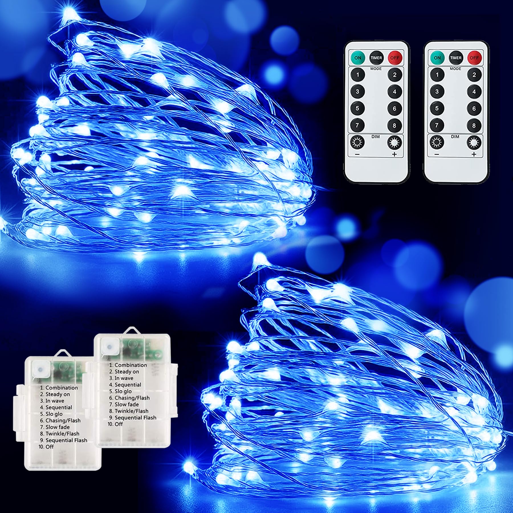 Knayis Blue 2 Pack 120Led Battery Fairy Lights Waterproof,8 Modes Indoor/Outdoor String Lights Battery Operated With Remote,12M/40Ft Battery Copper Wire Fairy Lights For Bedroom(Blue)