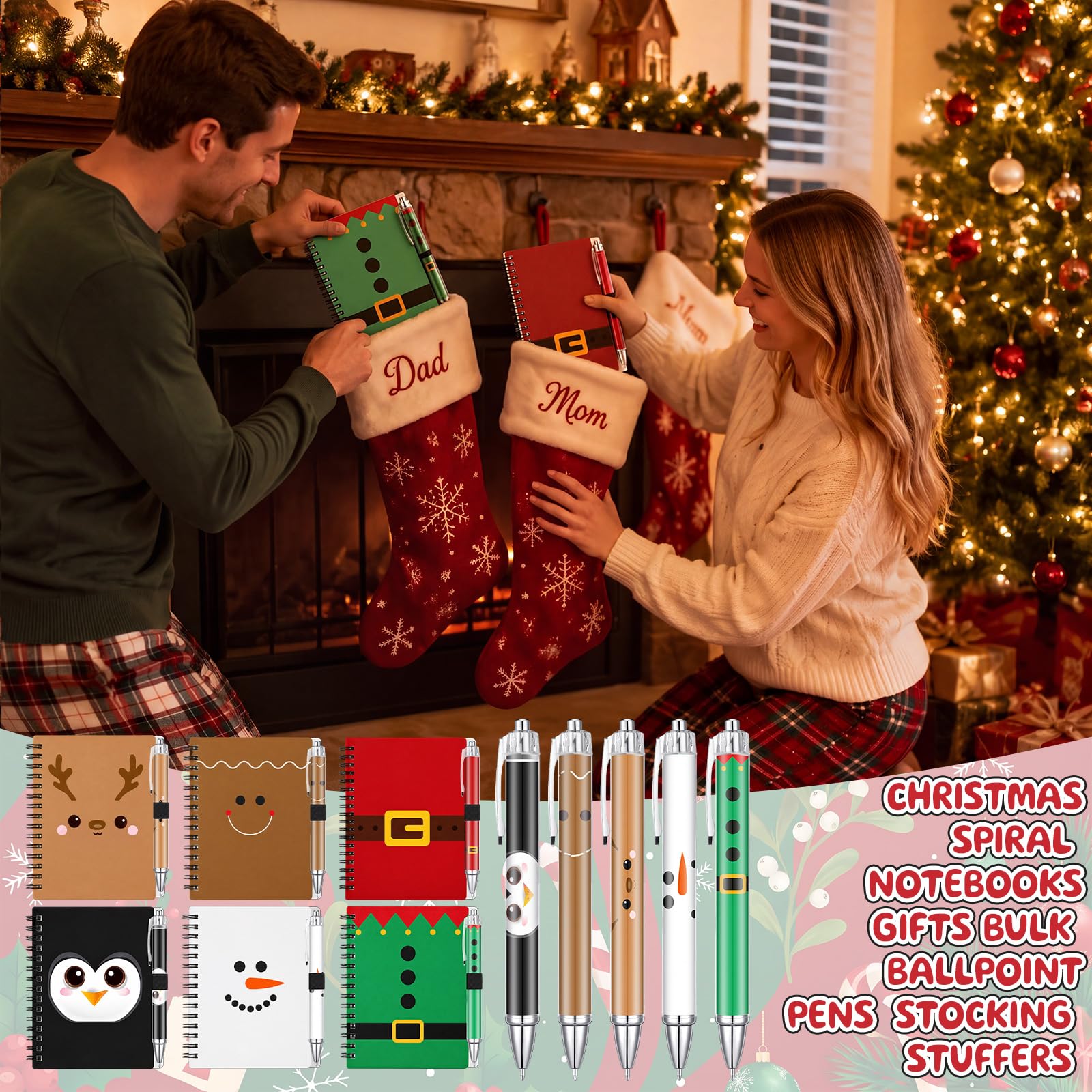 Sabary Lot de 12/24 carnets à spirale de Noël, cadeaux de Noël, stylos à bille, cadeaux pour employés, collègues, employés de vacances, fournitures de fête de Noël