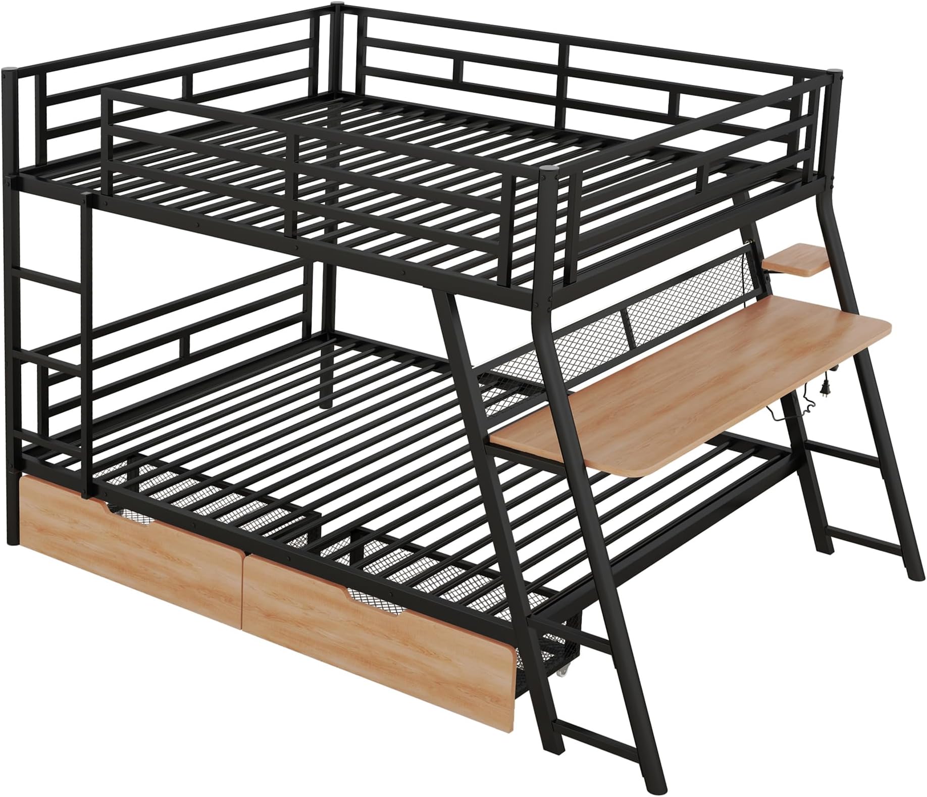 ROOMTEC Full Over Full Metal Bunk Bed for Kids, Floor Bed Frame with High Guardrail, Wood Slats, Built-in Desk, Light and 2 Drawers No Boxspring Required for Small Spaces, Black