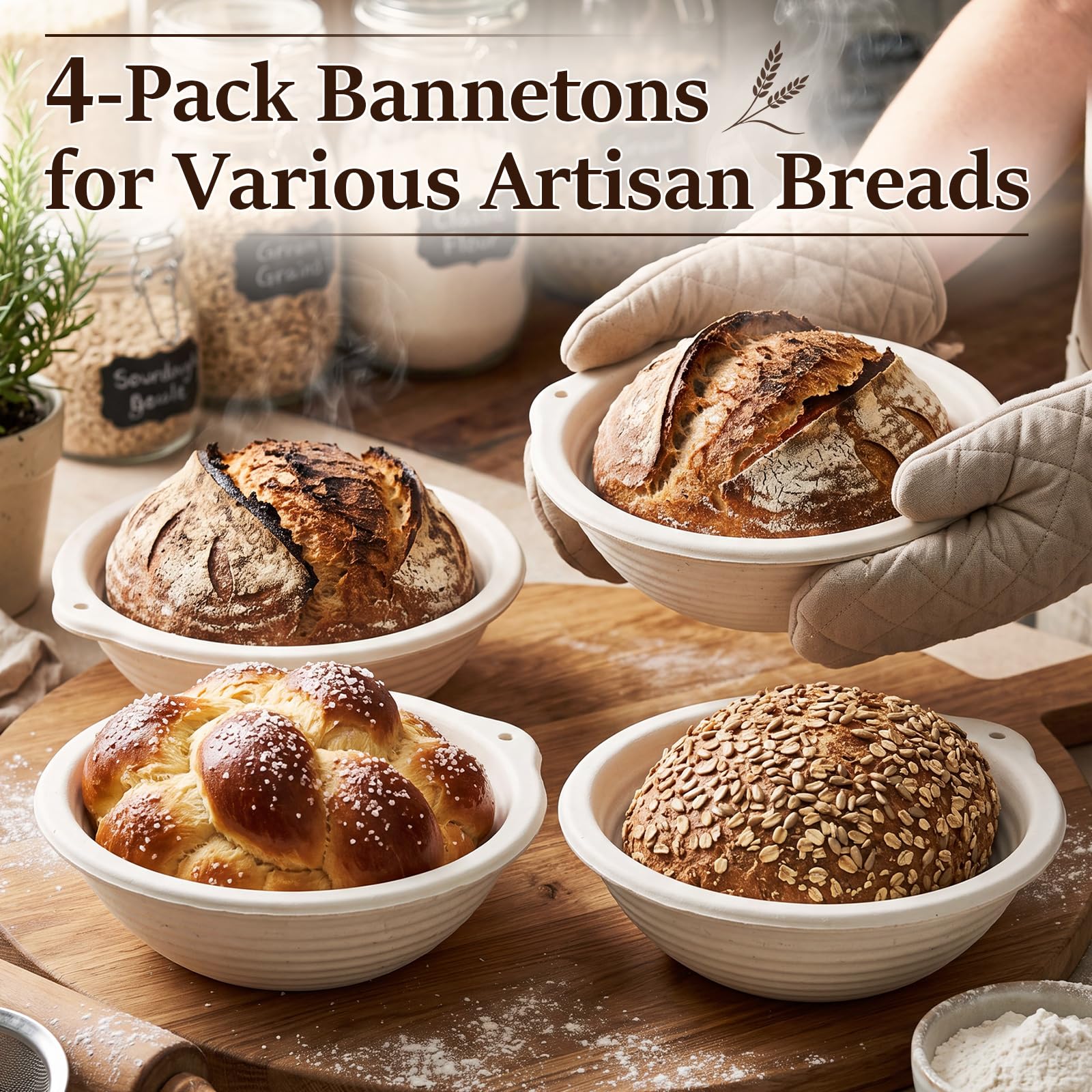 4 Stück 21,6 cm Zuckerrohr-Zellstoff-Banneton-Brotgärkörbe, runder Sauerteig-Gärkörbe, Teiggär-Schüssel für Sauerteig-Brotbacken, Heimbäckerei-Zubehör