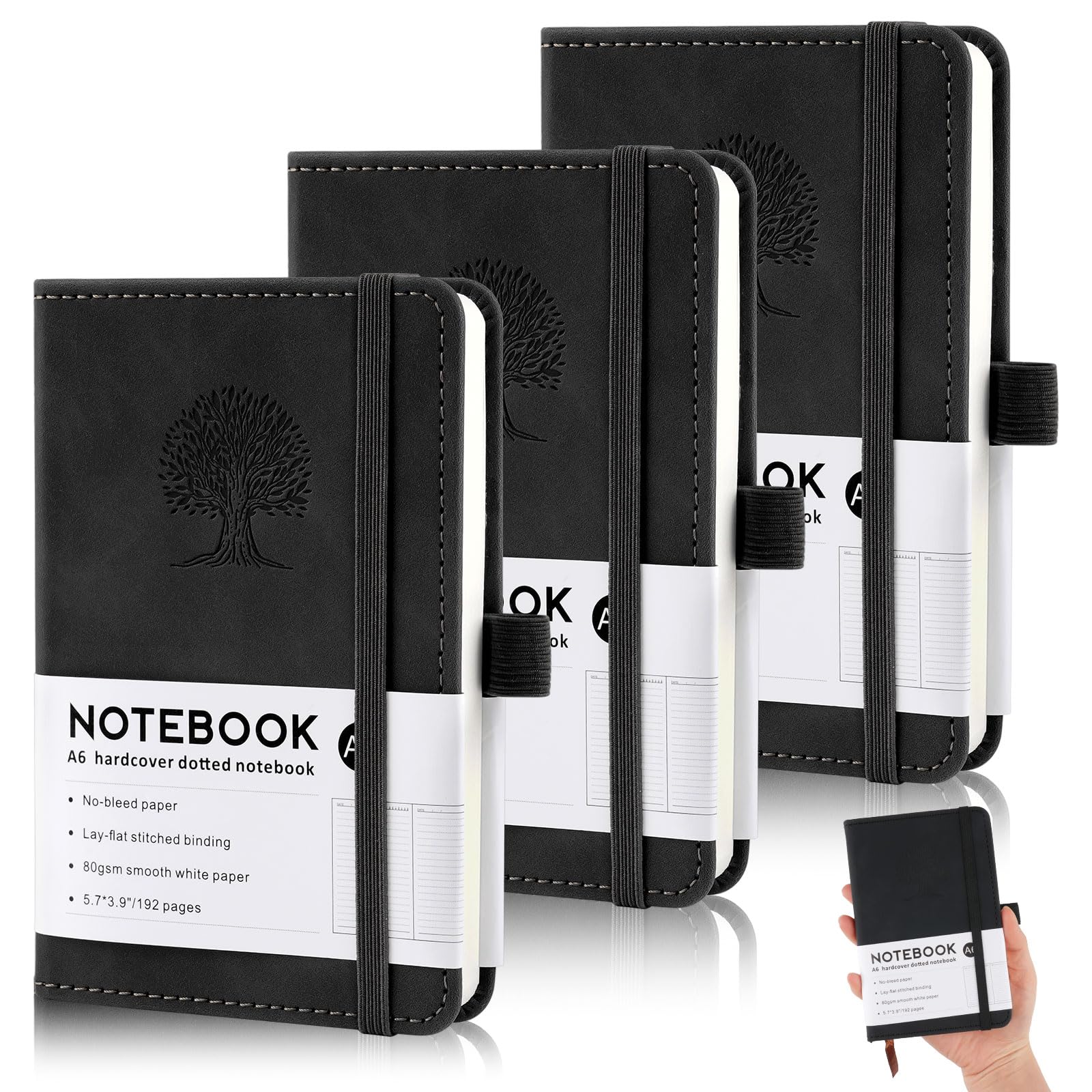 Hopton 3 Pack A6 Notebooks, Leather Pocket Notebook, 192 Pages A6 Small Notepad, 80 g/m² Travel Journals Pocket Diary Lined Note Books for Women Men, Black