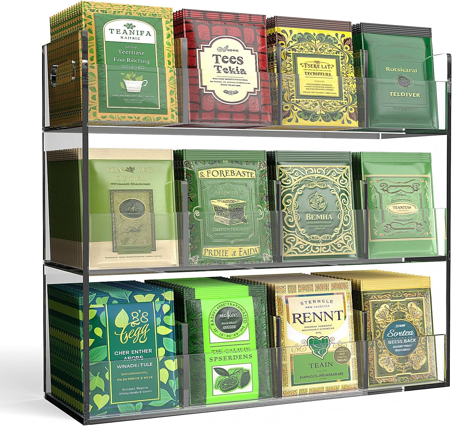 Jumyee 3-Tier Acrylic Tea Bag Organizer & Storage Box, 12 Compartment Portable Teabags Organizer for Cabinet Countertop, Coffee & Tea Station Organizer for Home Office